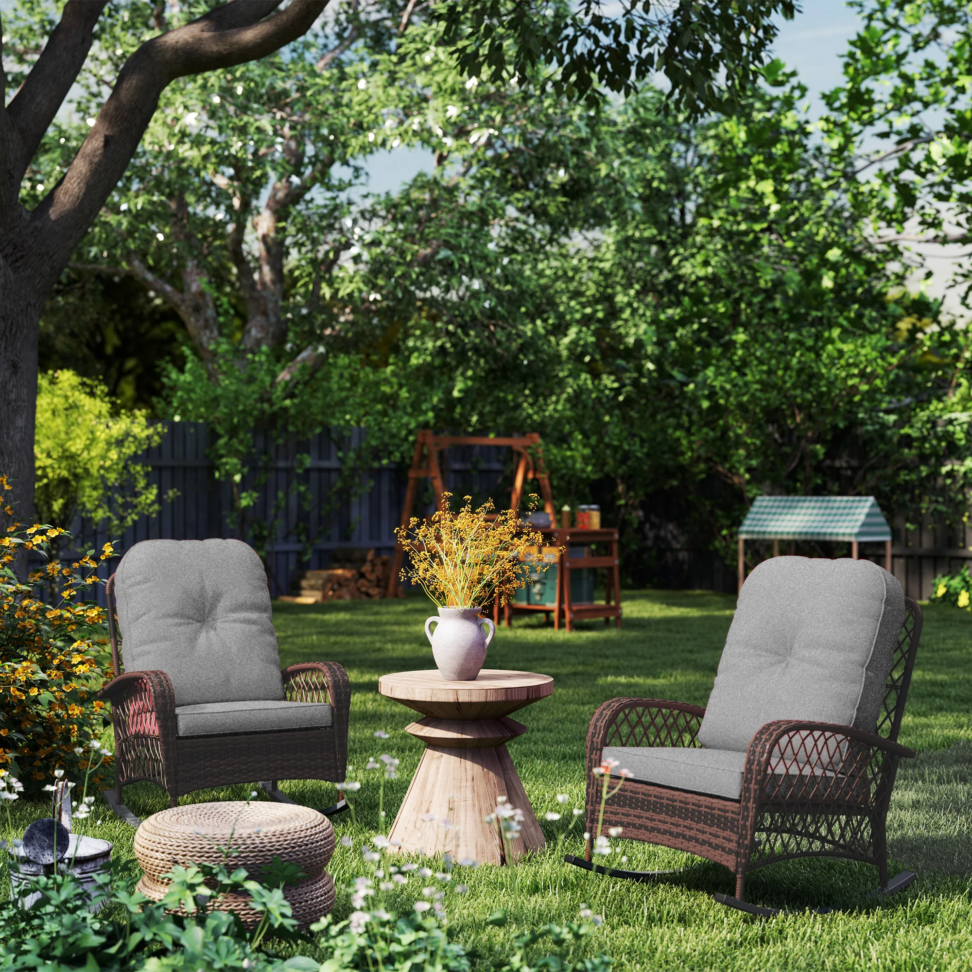 Outdoor Wicker Rattan Rocking Chair Set of 2, Patio Rocker with Thick Cushions, Grey - Image 10