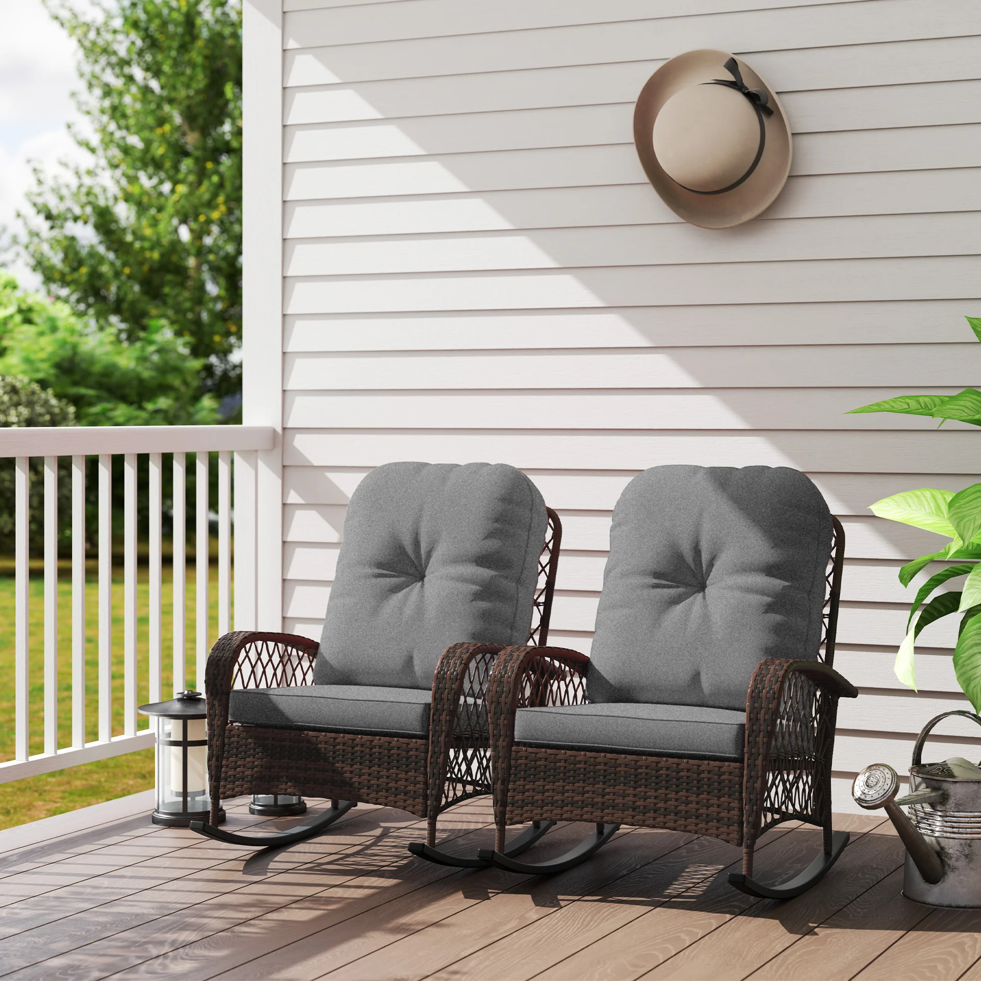 Outdoor Wicker Rattan Rocking Chair Set of 2, Patio Rocker with Thick Cushions, Grey - Image 3