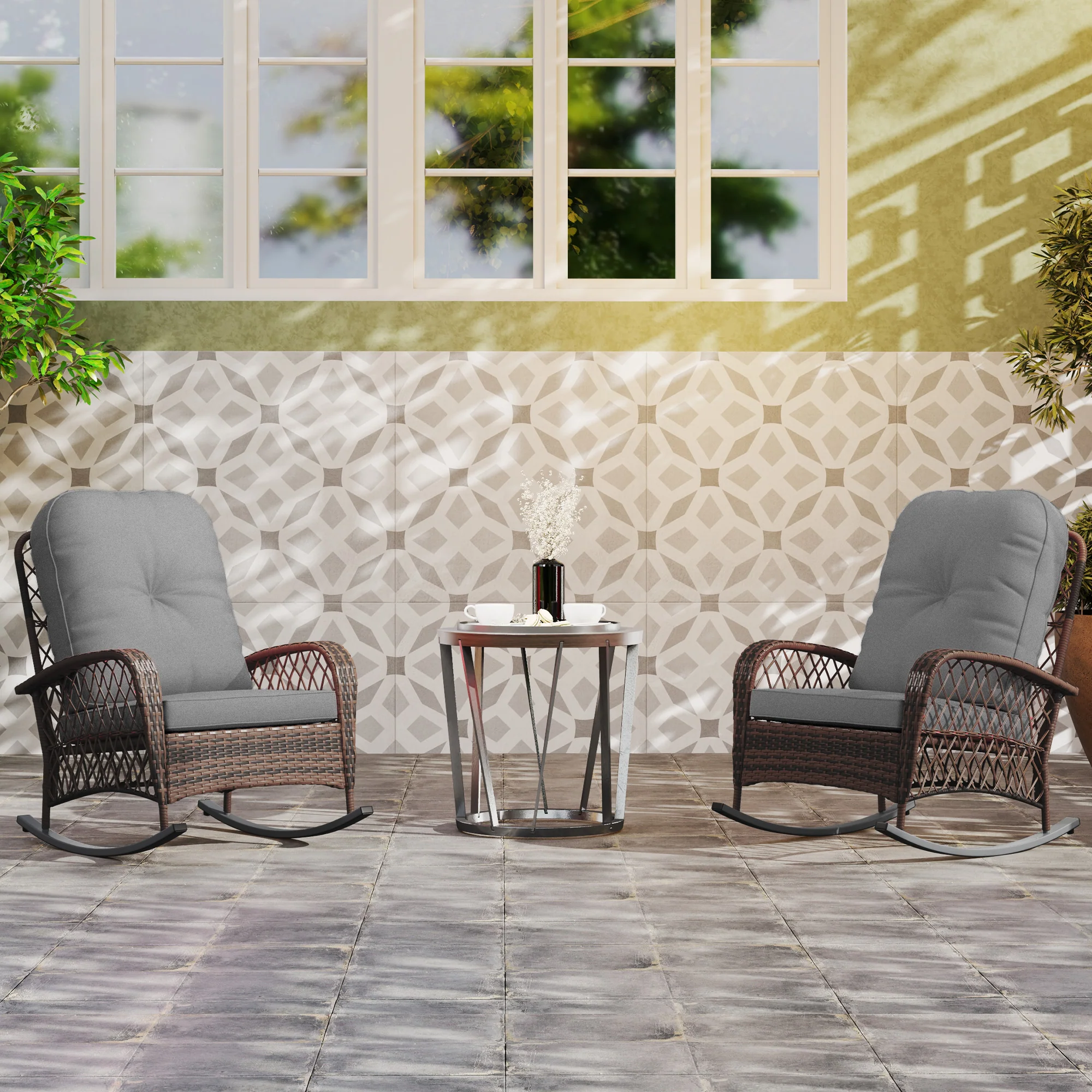 Outdoor Wicker Rattan Rocking Chair Set of 2, Patio Rocker with Thick Cushions, Grey - Image 4