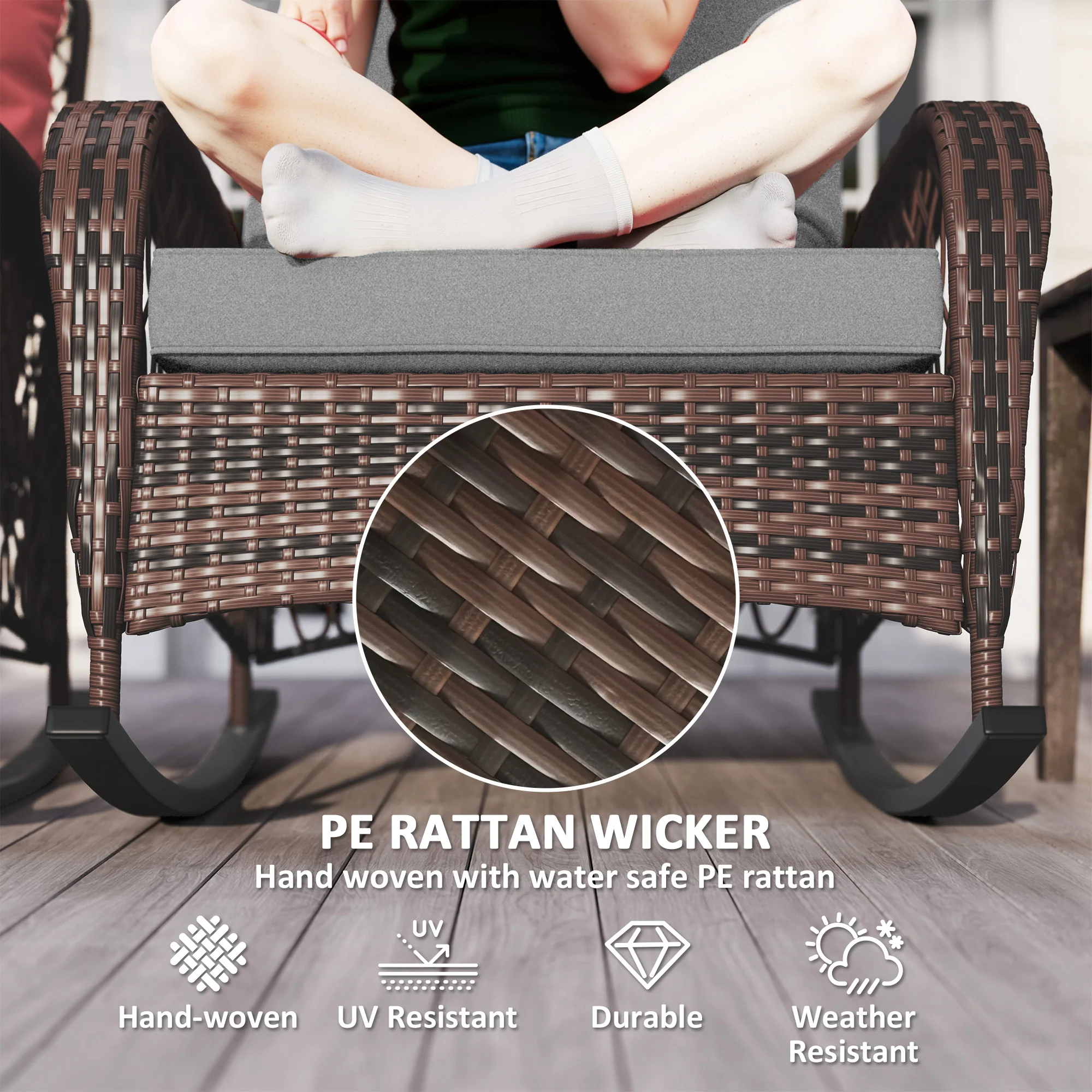Outdoor Wicker Rattan Rocking Chair Set of 2, Patio Rocker with Thick Cushions, Grey - Image 6