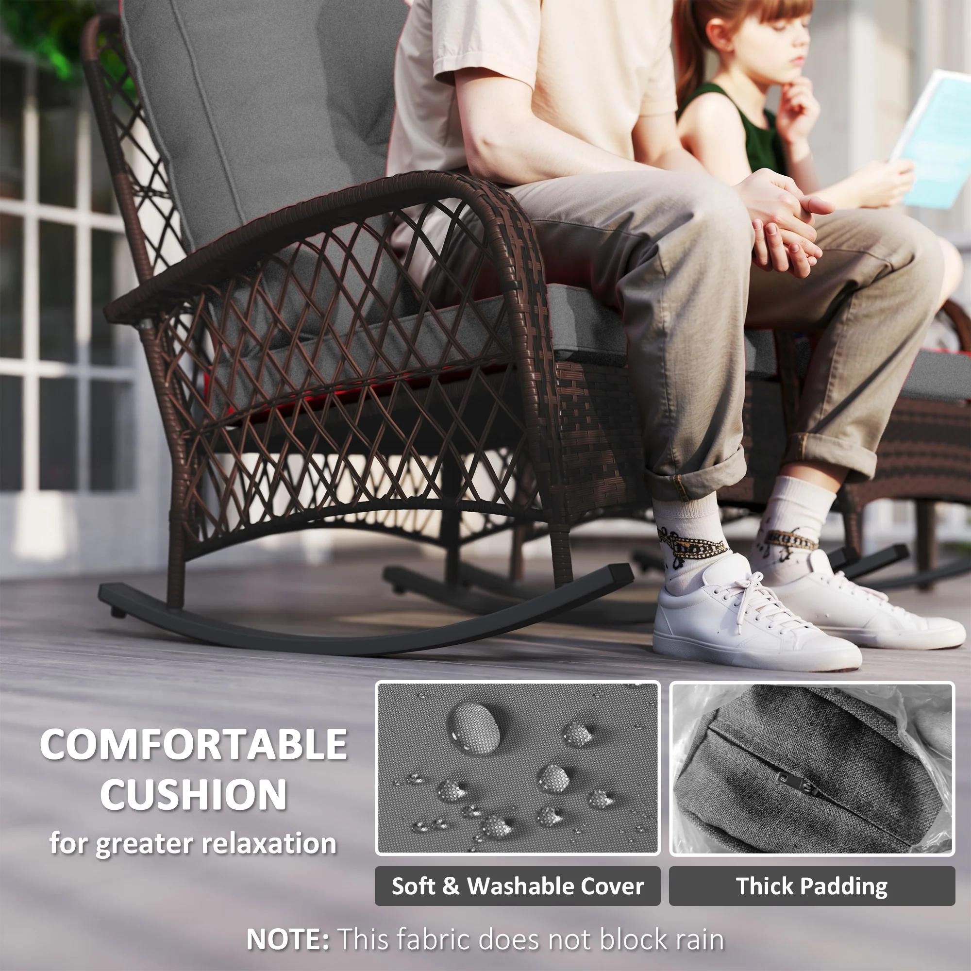 Outdoor Wicker Rattan Rocking Chair Set of 2, Patio Rocker with Thick Cushions, Grey - Image 7