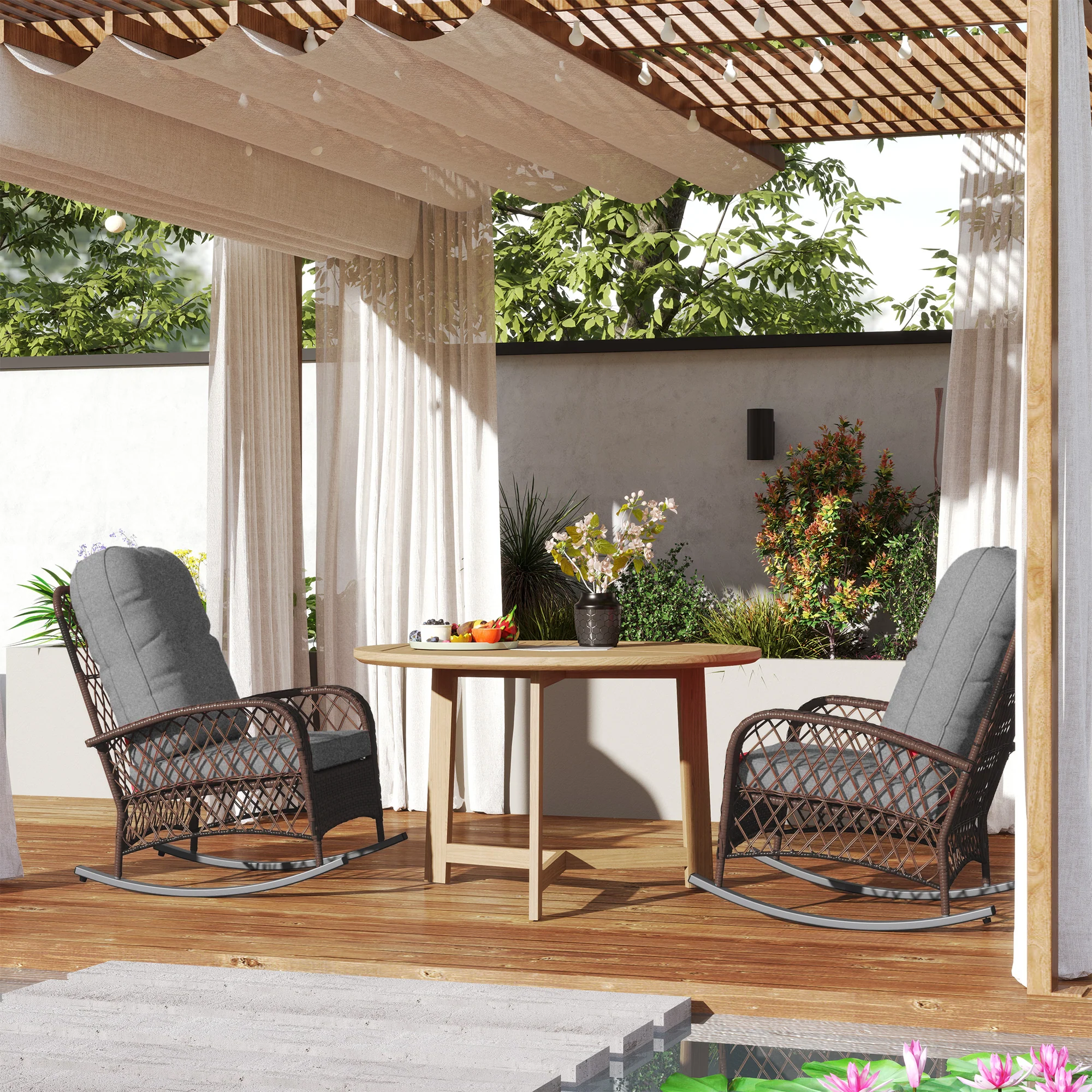 Outdoor Wicker Rattan Rocking Chair Set of 2, Patio Rocker with Thick Cushions, Grey - Image 9