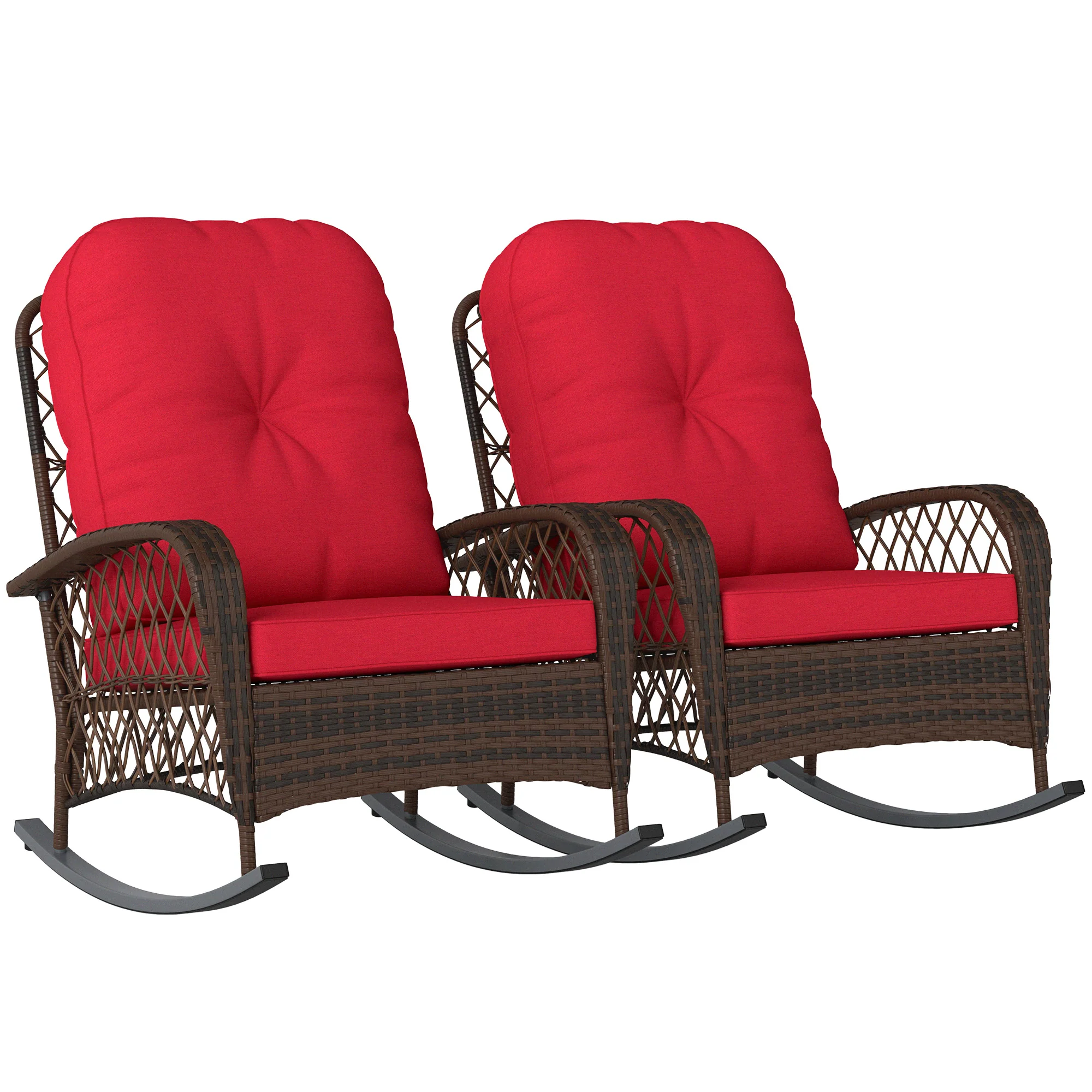 Outdoor Wicker Rattan Rocking Chair Set of 2, Patio Rocker with Thick Cushions, Red