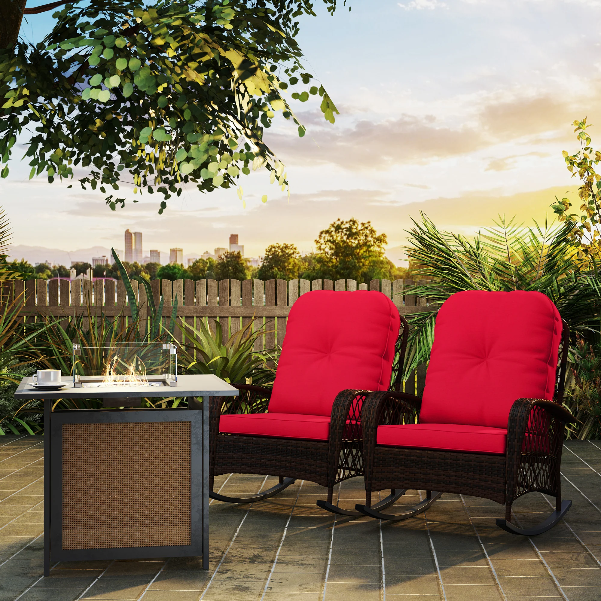 Outdoor Wicker Rattan Rocking Chair Set of 2, Patio Rocker with Thick Cushions, Red - Image 10