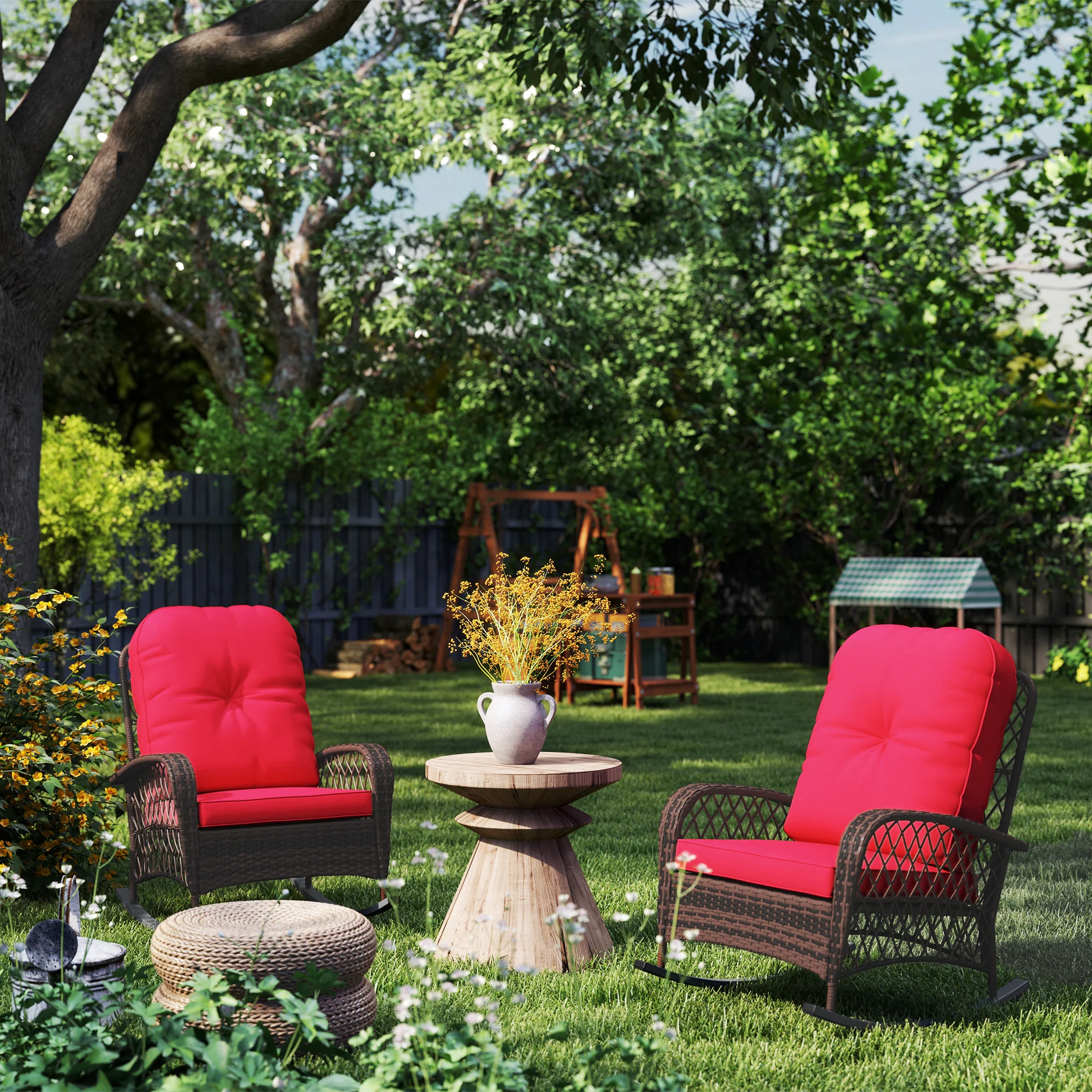 Outdoor Wicker Rattan Rocking Chair Set of 2, Patio Rocker with Thick Cushions, Red - Image 11