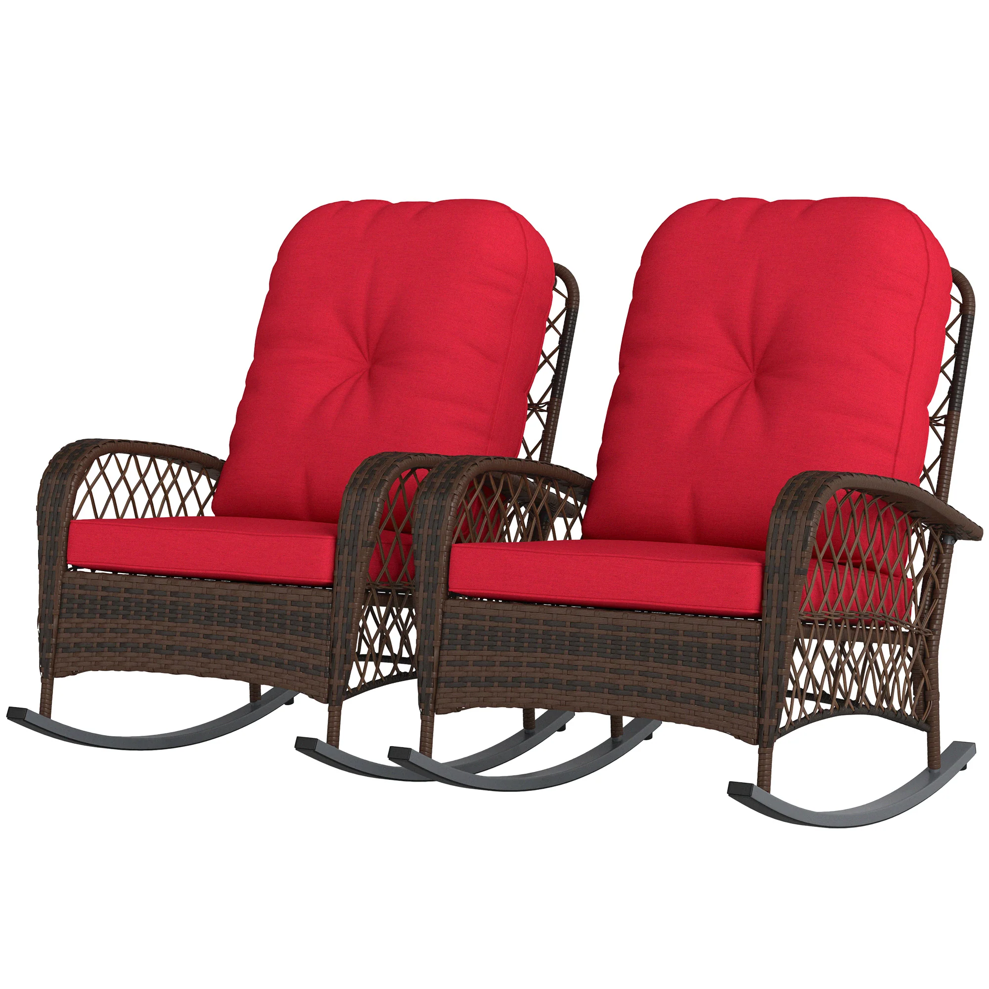 Outdoor Wicker Rattan Rocking Chair Set of 2, Patio Rocker with Thick Cushions, Red - Image 2