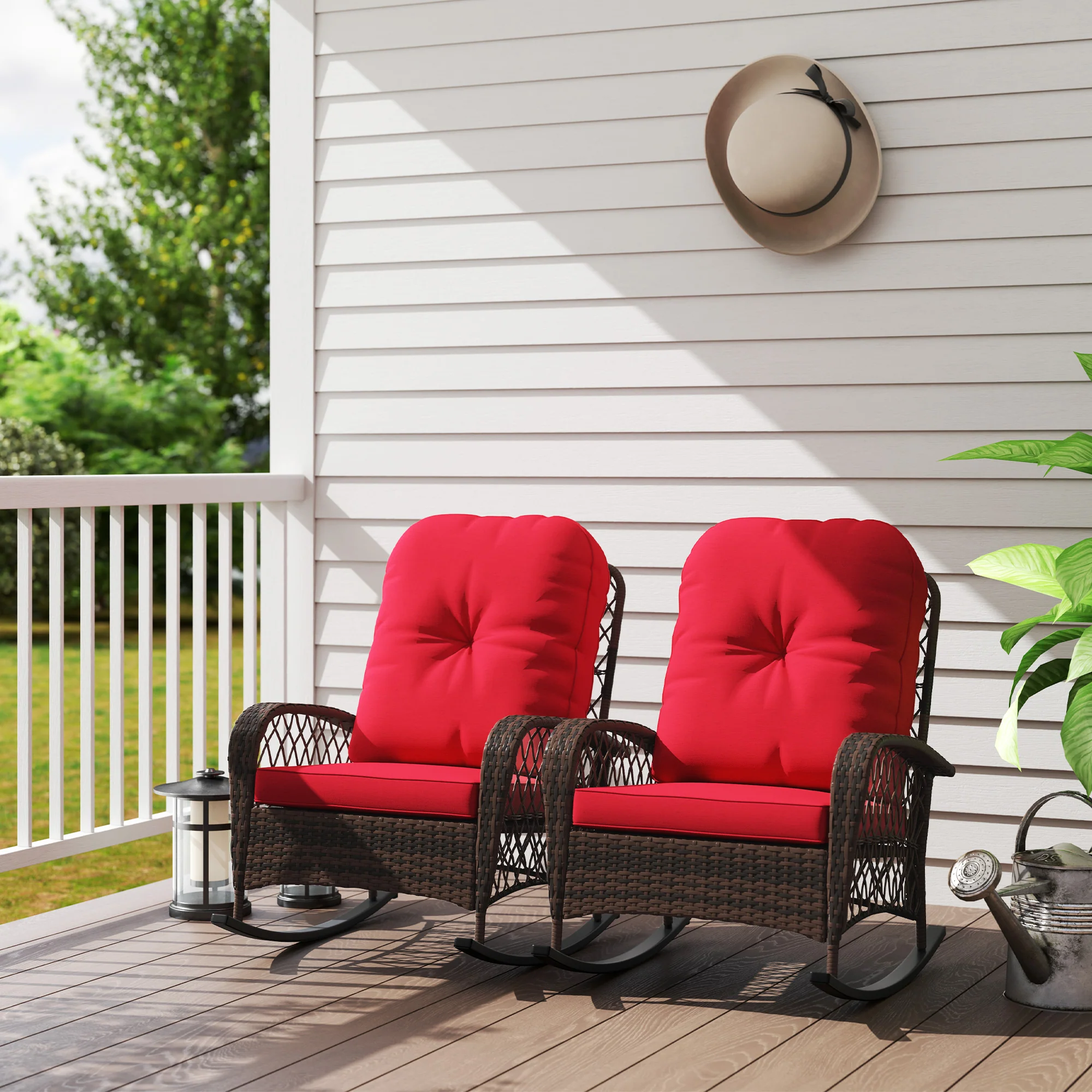 Outdoor Wicker Rattan Rocking Chair Set of 2, Patio Rocker with Thick Cushions, Red - Image 3