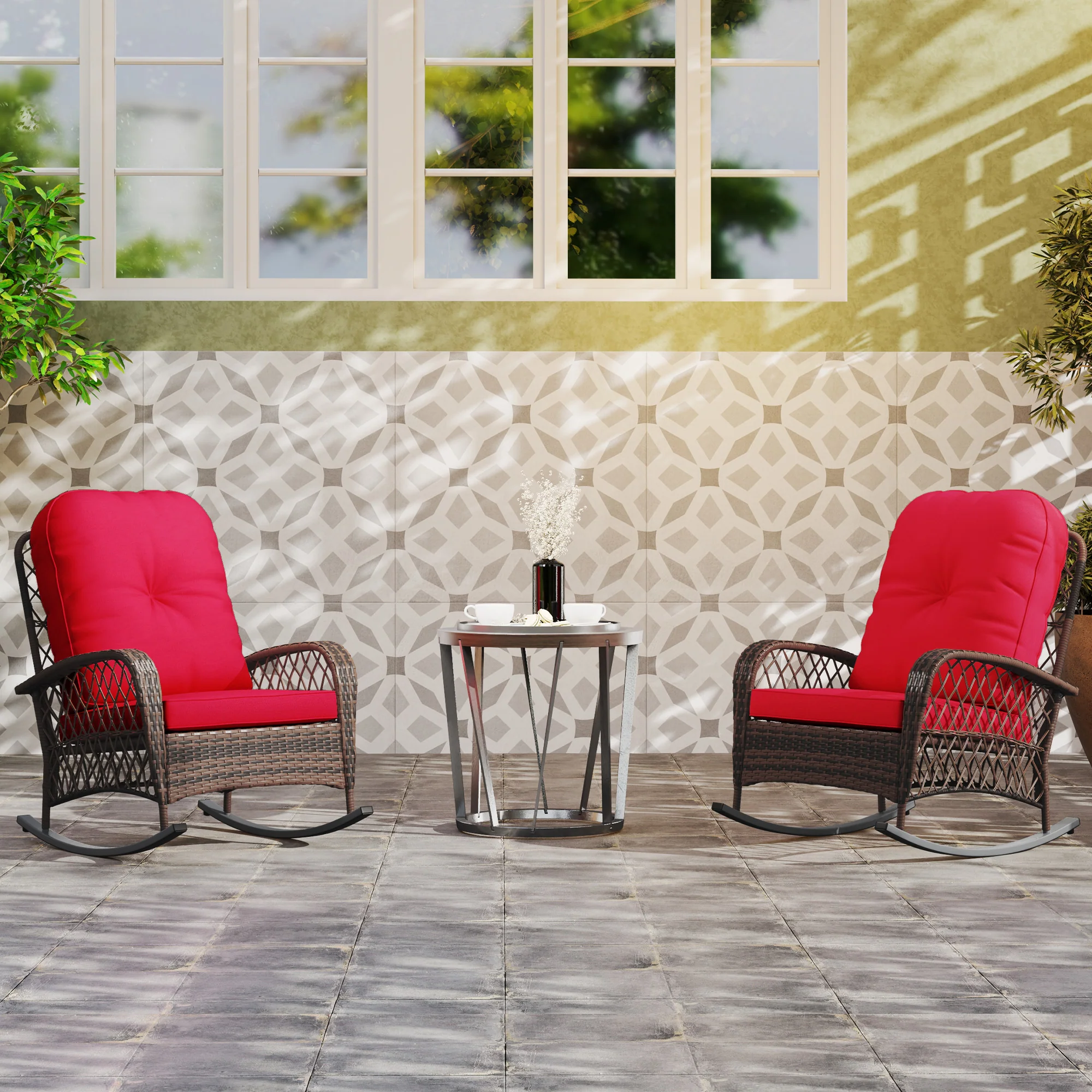 Outdoor Wicker Rattan Rocking Chair Set of 2, Patio Rocker with Thick Cushions, Red - Image 4