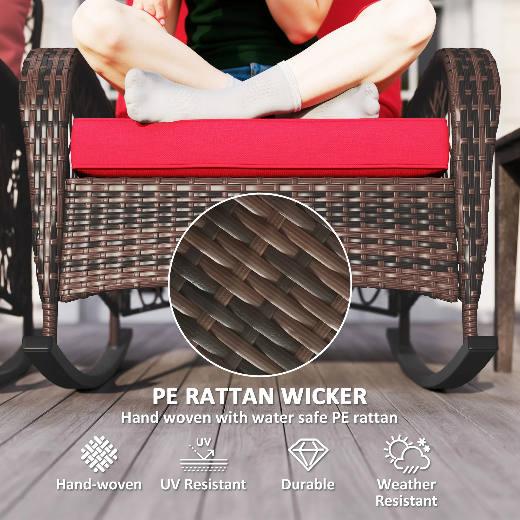 Outdoor Wicker Rattan Rocking Chair Set of 2, Patio Rocker with Thick Cushions, Red - Image 6