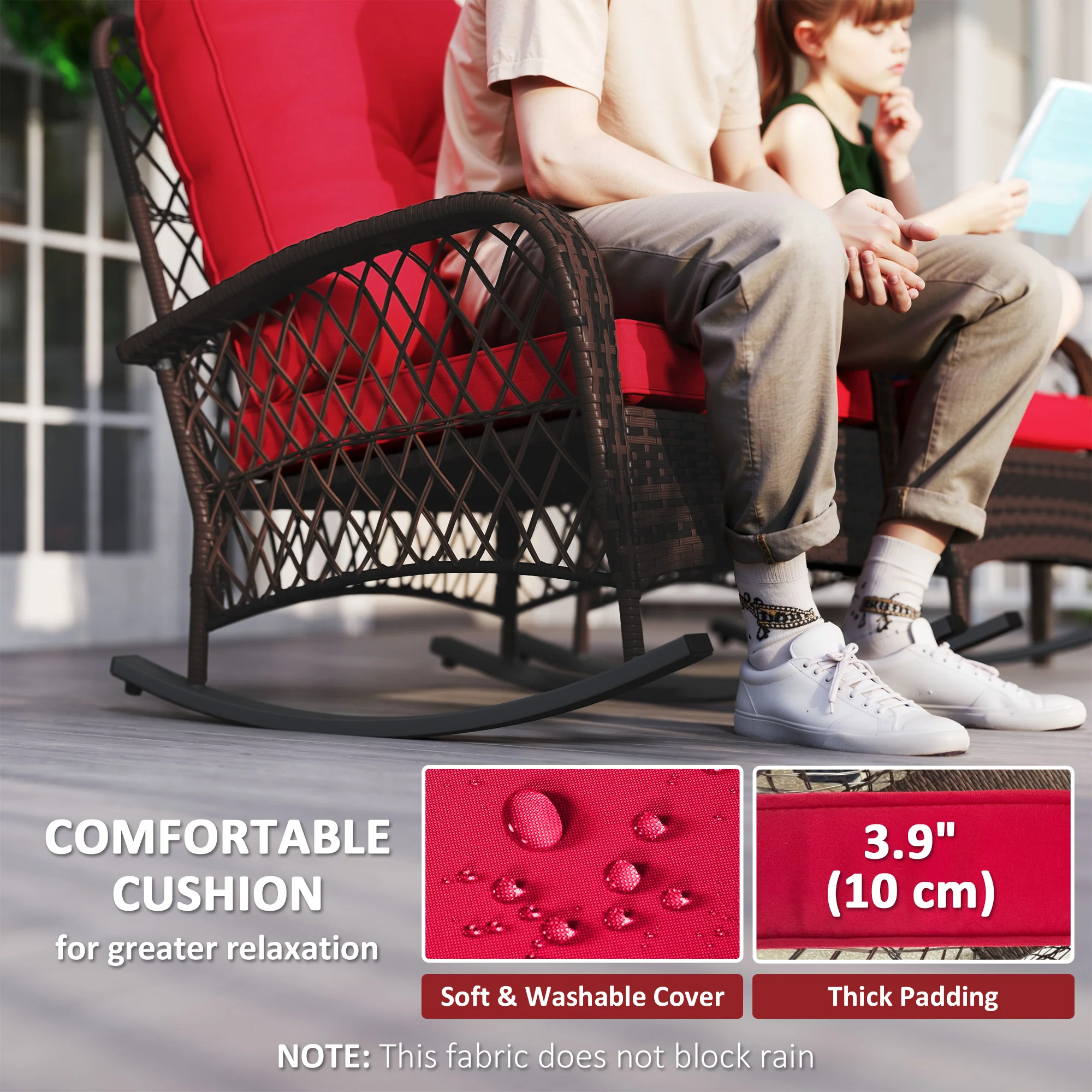 Outdoor Wicker Rattan Rocking Chair Set of 2, Patio Rocker with Thick Cushions, Red - Image 7