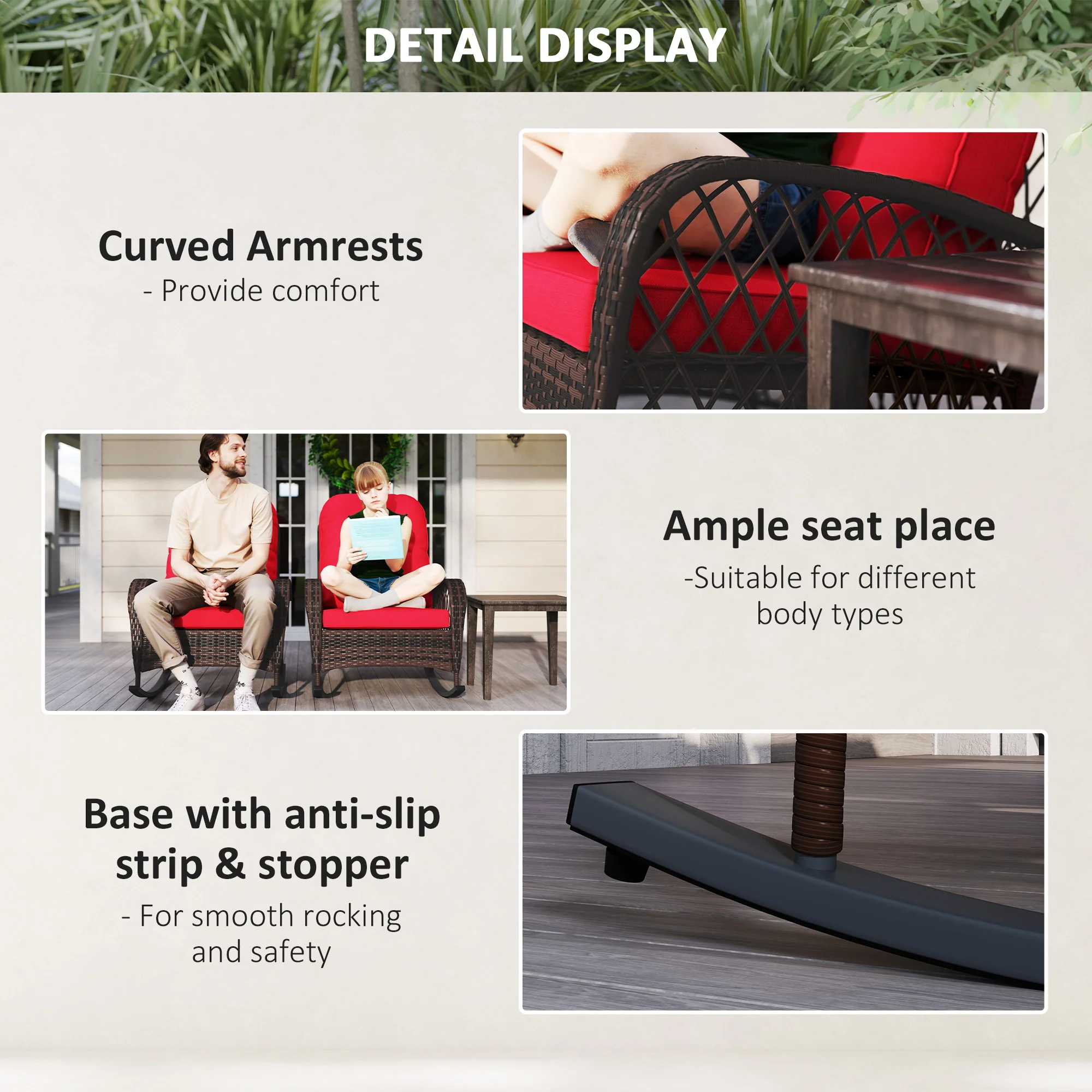 Outdoor Wicker Rattan Rocking Chair Set of 2, Patio Rocker with Thick Cushions, Red - Image 8