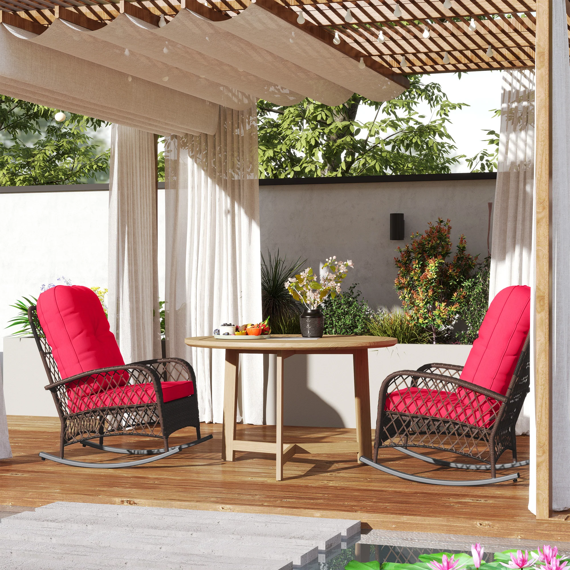 Outdoor Wicker Rattan Rocking Chair Set of 2, Patio Rocker with Thick Cushions, Red - Image 9