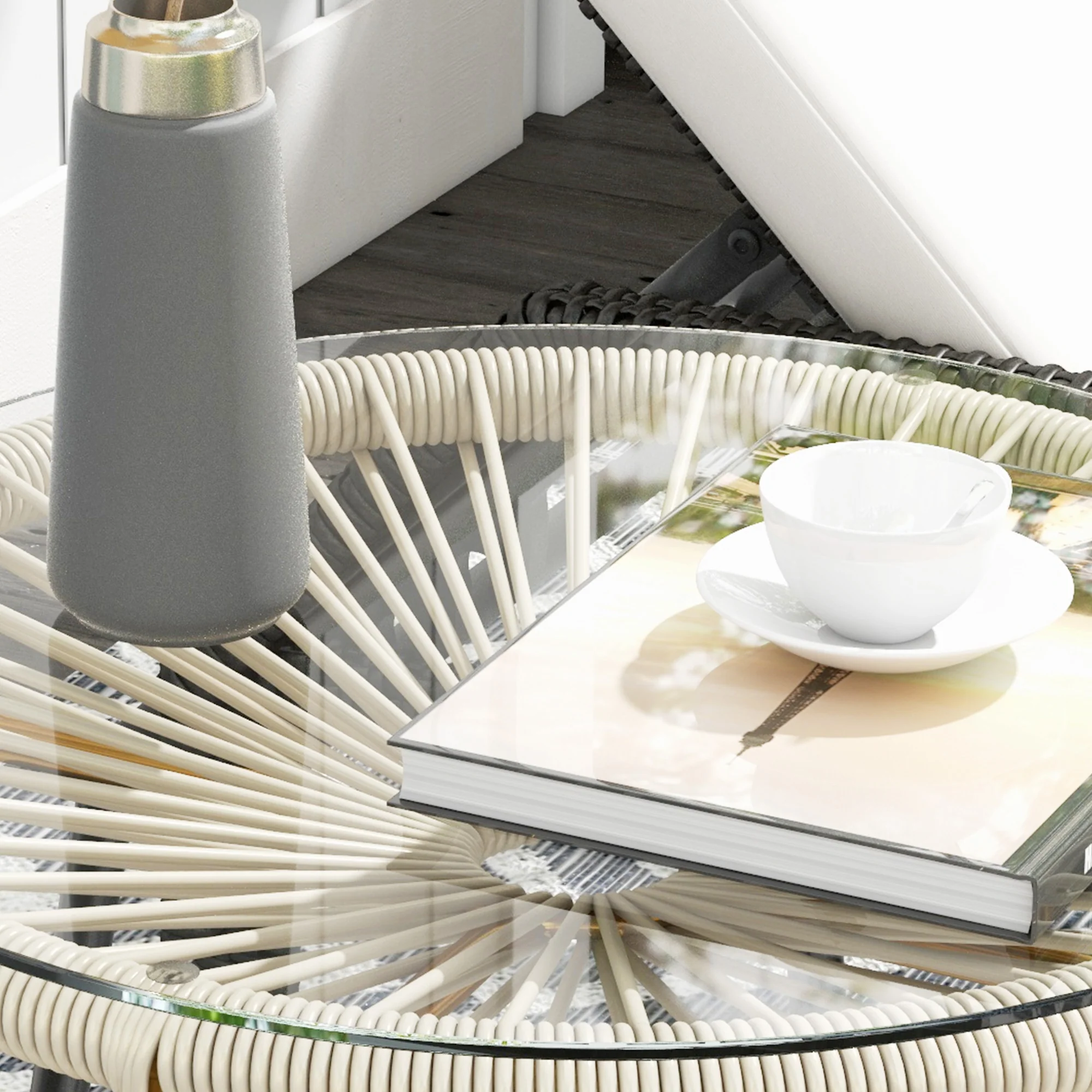 Round Rattan Side Table with Tempered Glass Top, Cream White - Image 11