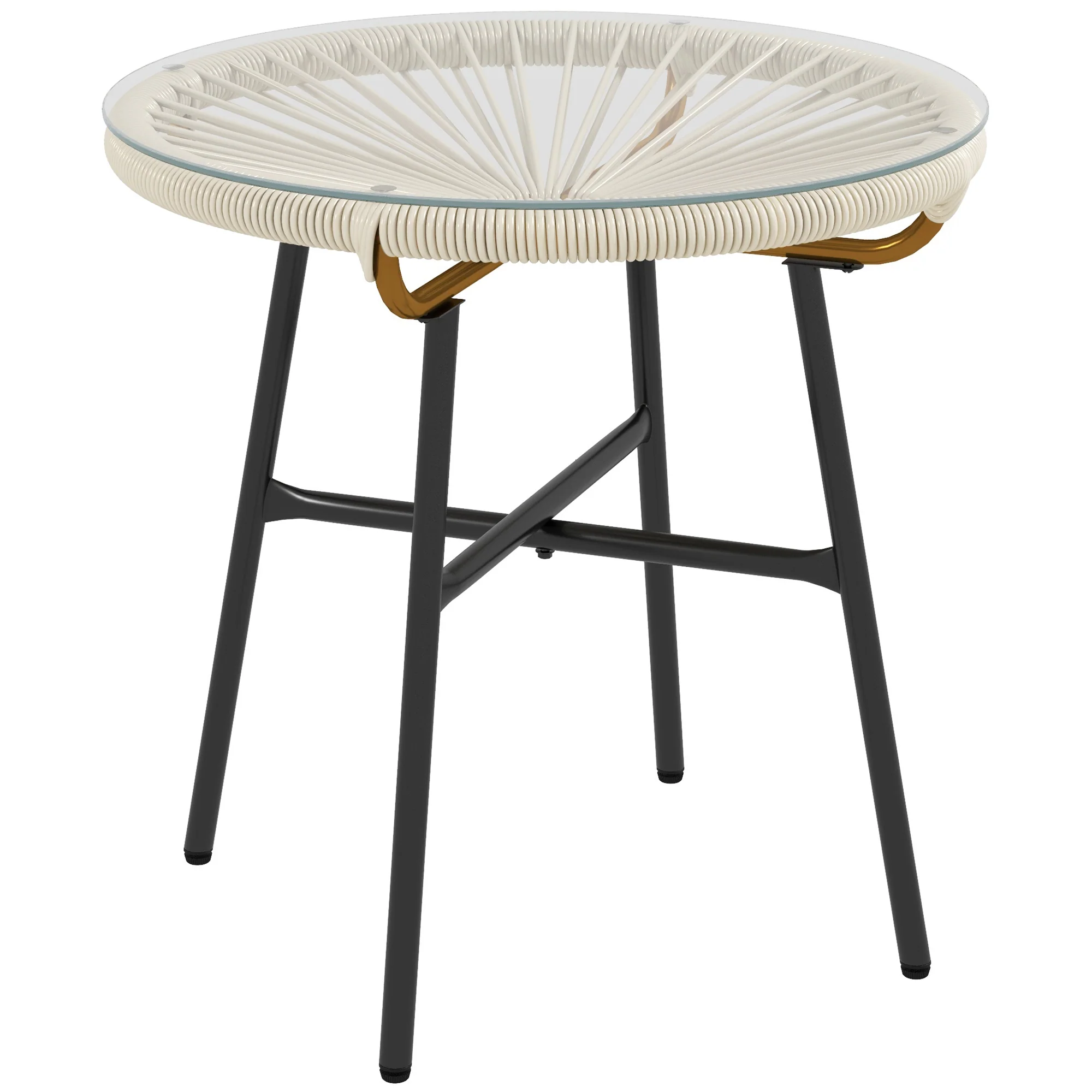 Round Rattan Side Table with Tempered Glass Top, Cream White - Image 12