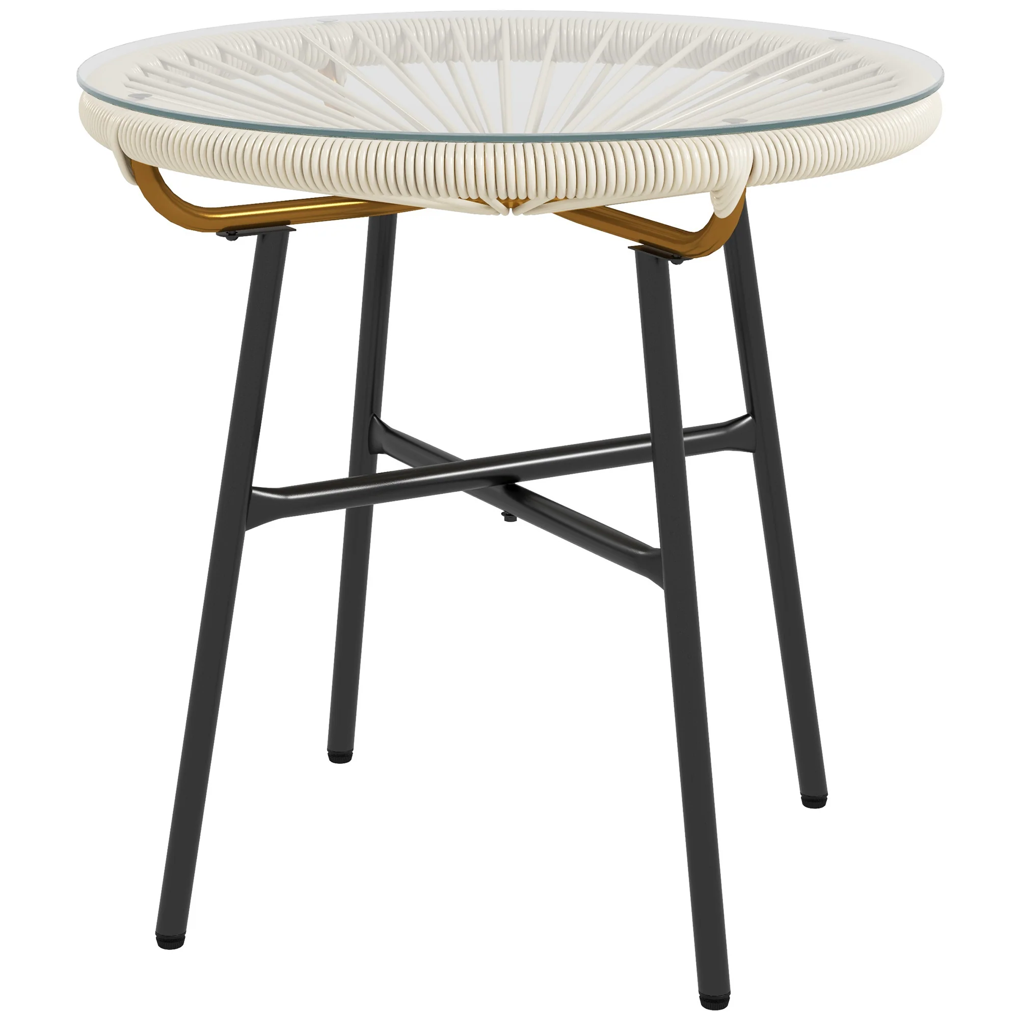 Round Rattan Side Table with Tempered Glass Top, Cream White - Image 2