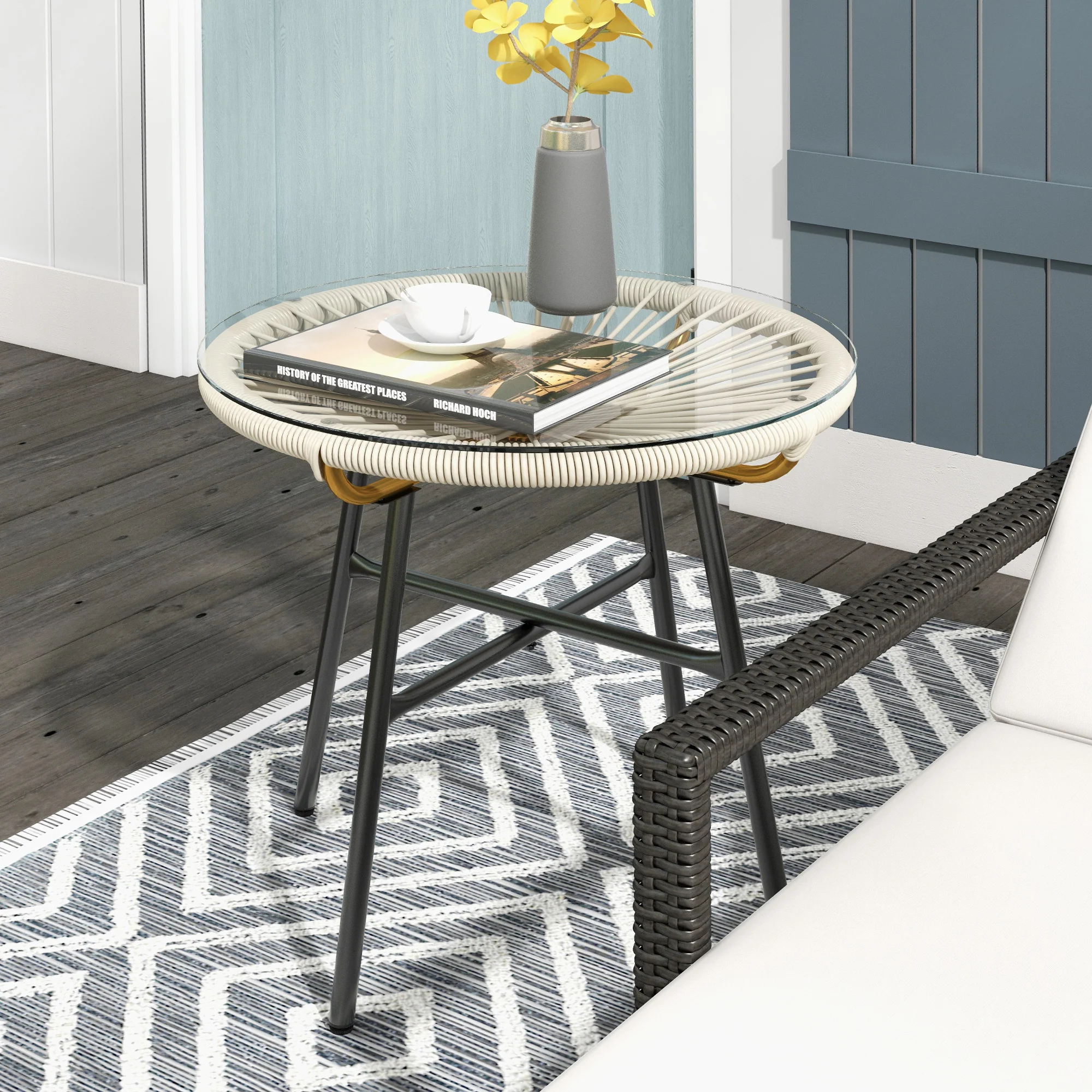 Round Rattan Side Table with Tempered Glass Top, Cream White - Image 3