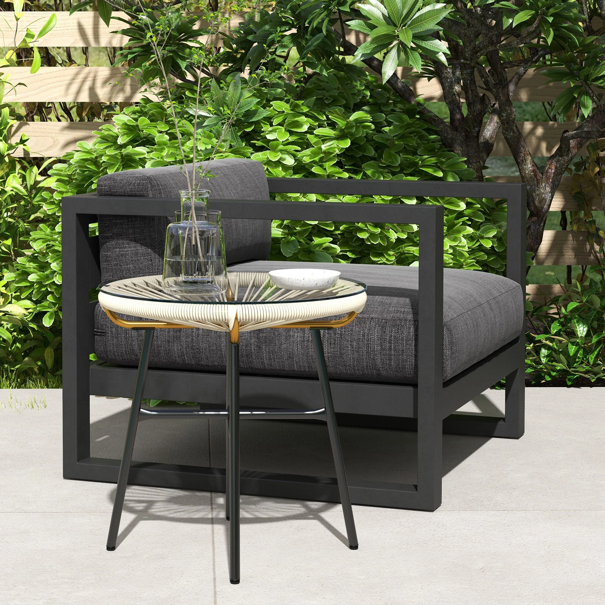 Round Rattan Side Table with Tempered Glass Top, Cream White - Image 4
