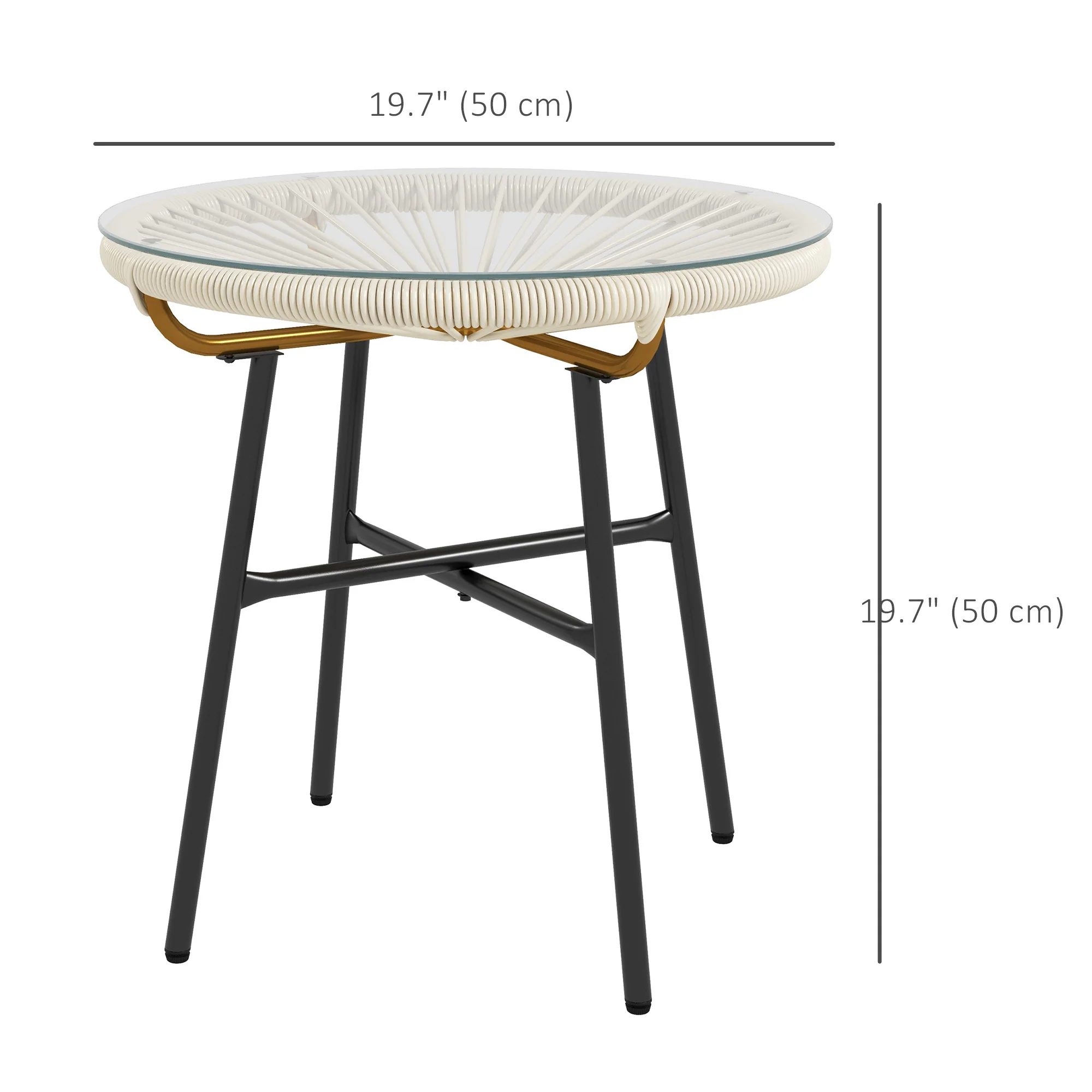 Round Rattan Side Table with Tempered Glass Top, Cream White - Image 5