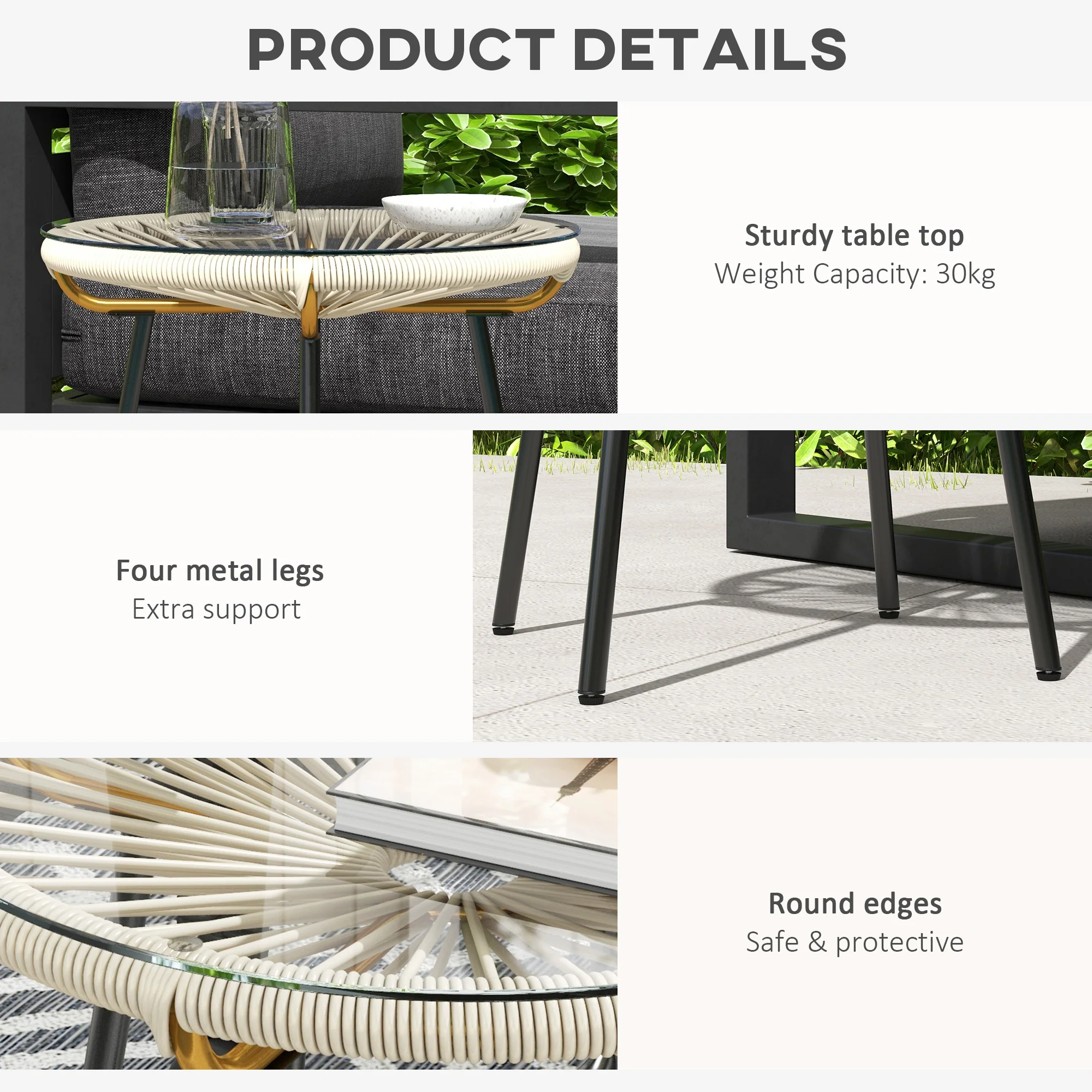 Round Rattan Side Table with Tempered Glass Top, Cream White - Image 8