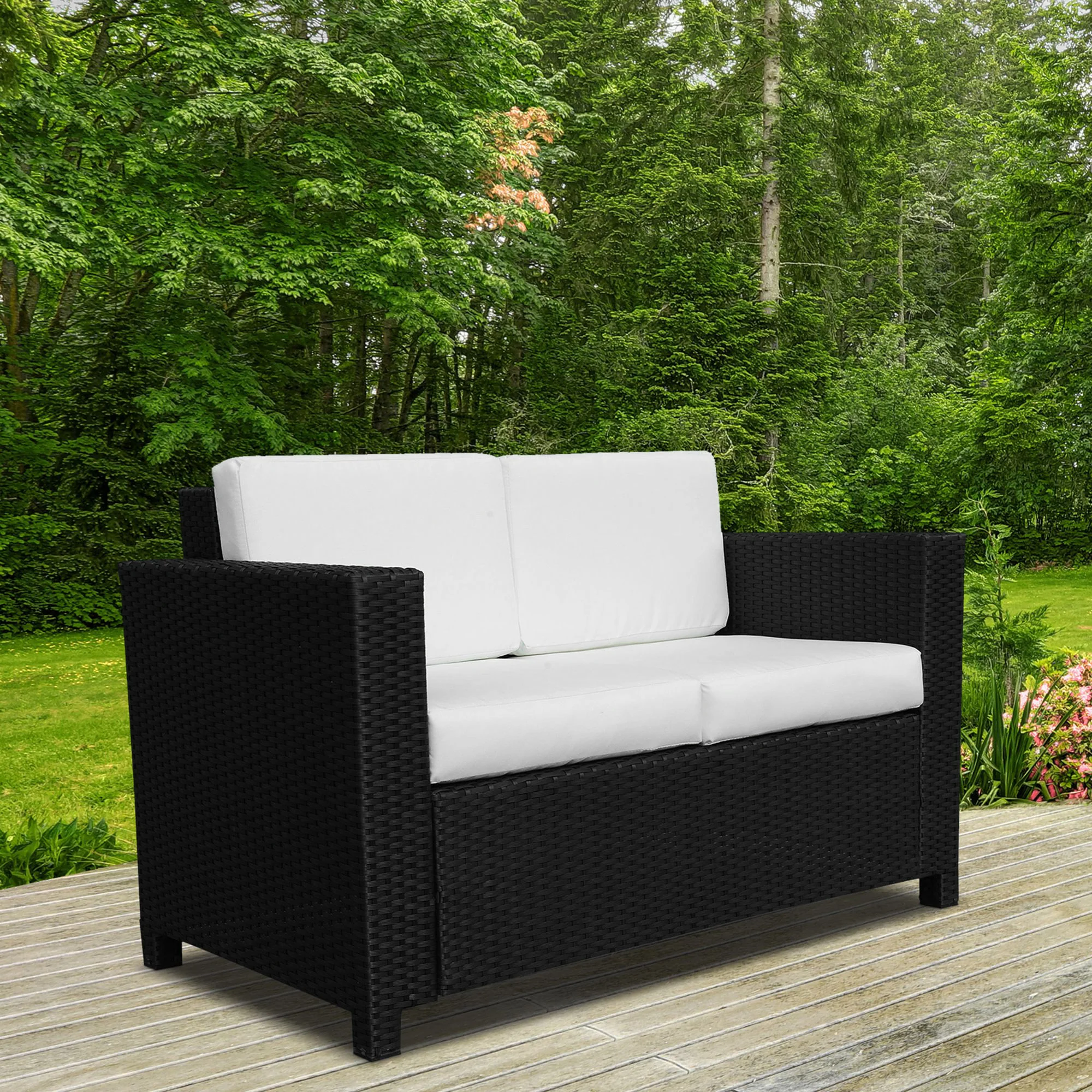 Rattan Loveseat Sofa with Padded Cushion & Armrests for Garden, Patio, Black - Image 3