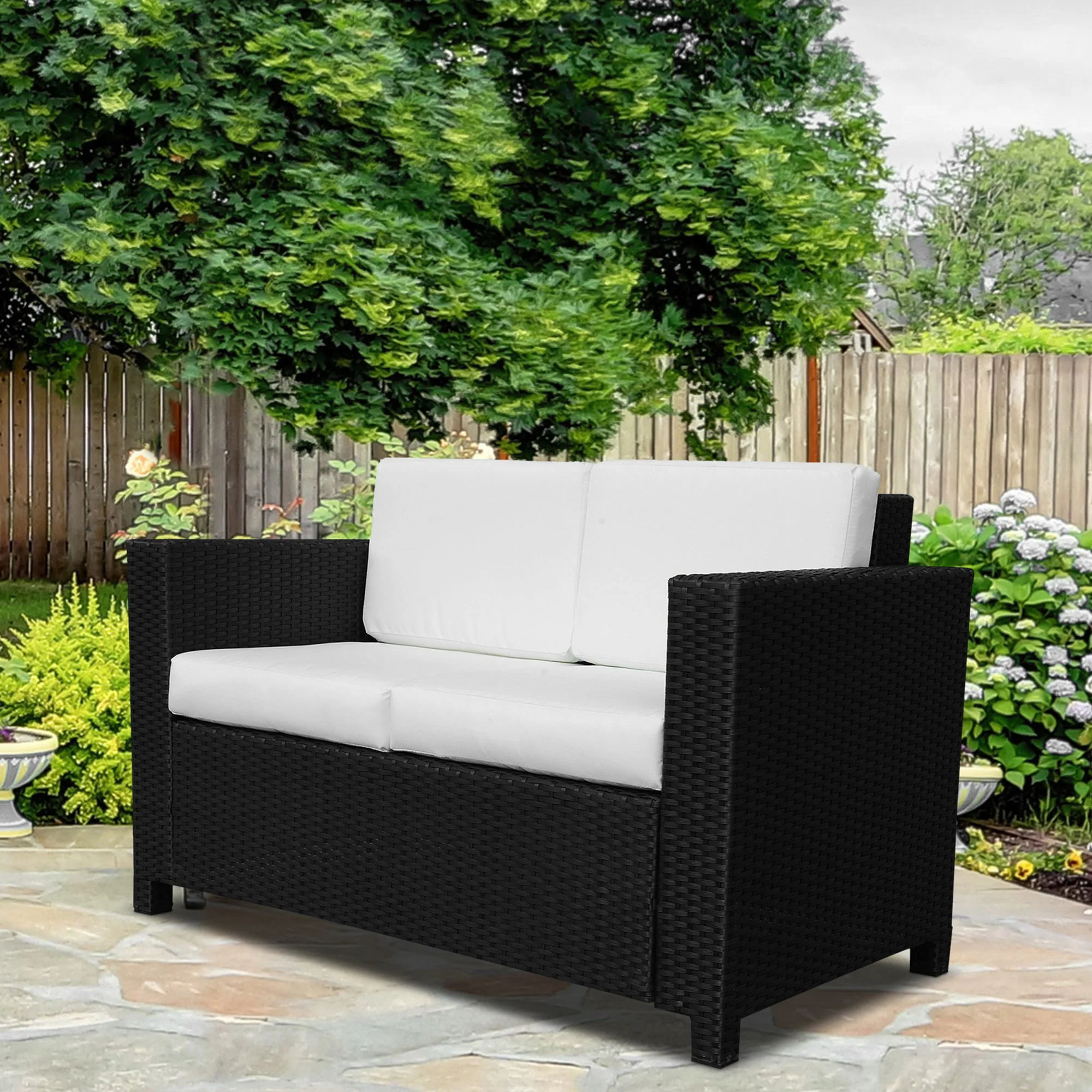 Rattan Loveseat Sofa with Padded Cushion & Armrests for Garden, Patio, Black - Image 4