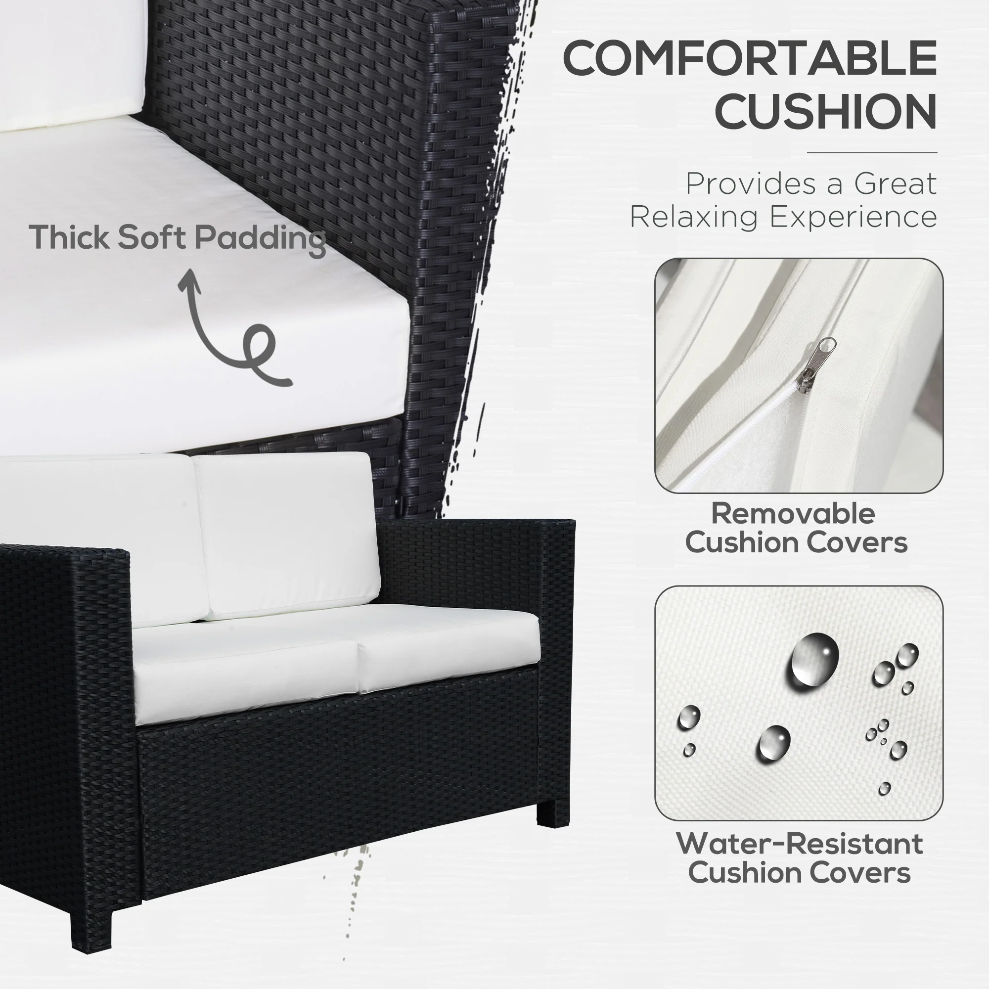 Rattan Loveseat Sofa with Padded Cushion & Armrests for Garden, Patio, Black - Image 7