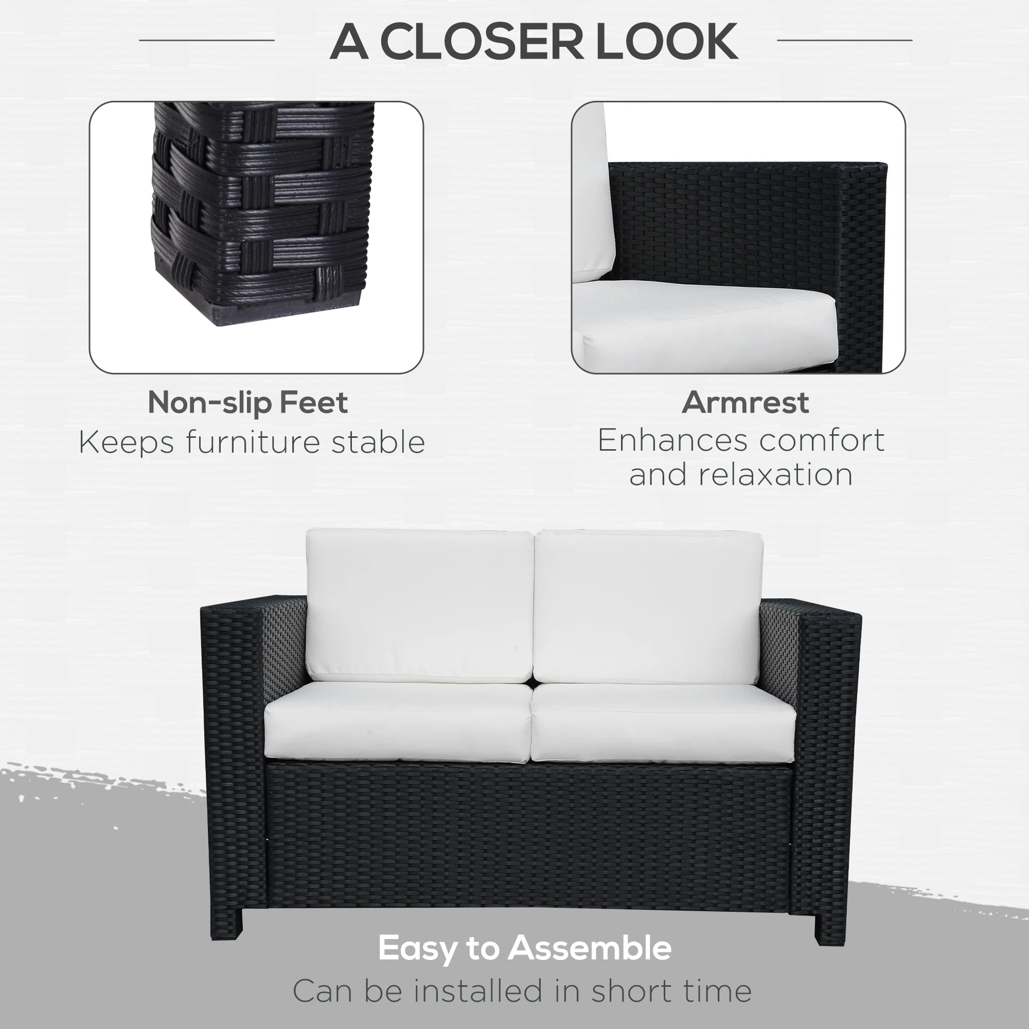 Rattan Loveseat Sofa with Padded Cushion & Armrests for Garden, Patio, Black - Image 8