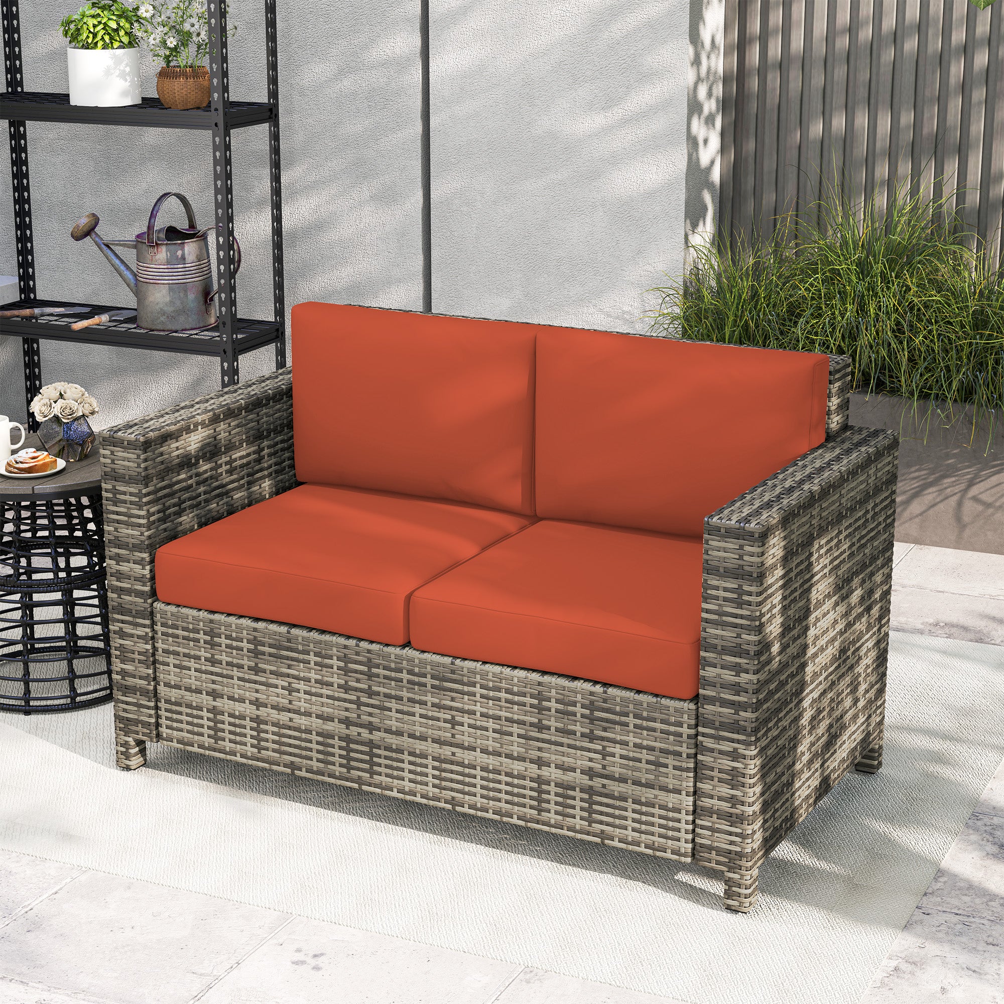 Rattan Loveseat Sofa with Padded Cushion & Armrests for Garden, Patio, Grey - Image 10