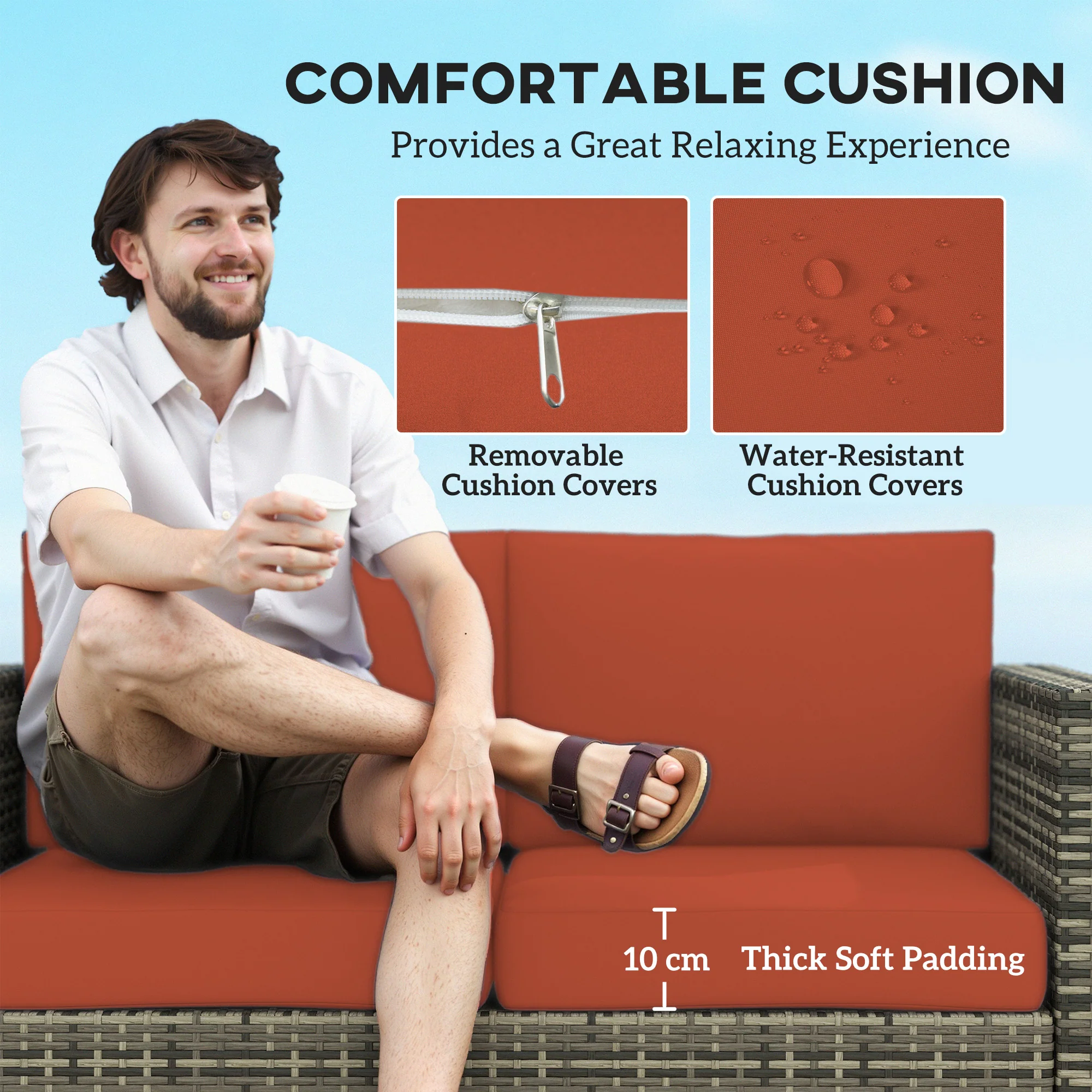 Rattan Loveseat Sofa with Padded Cushion & Armrests for Garden, Patio, Grey - Image 7