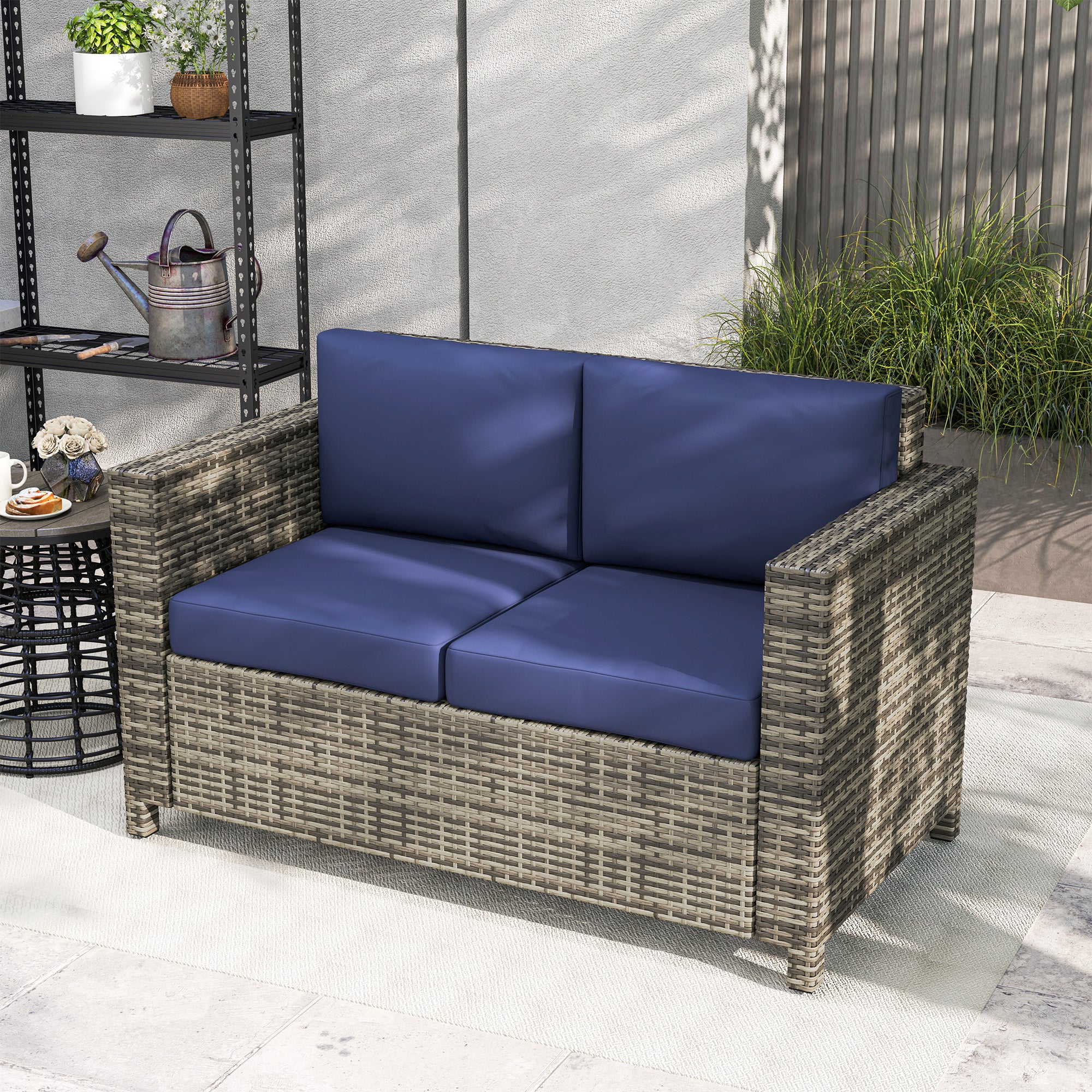 Rattan Loveseat Sofa with Padded Cushion & Armrests for Garden, Patio, Navy Blue - Image 10