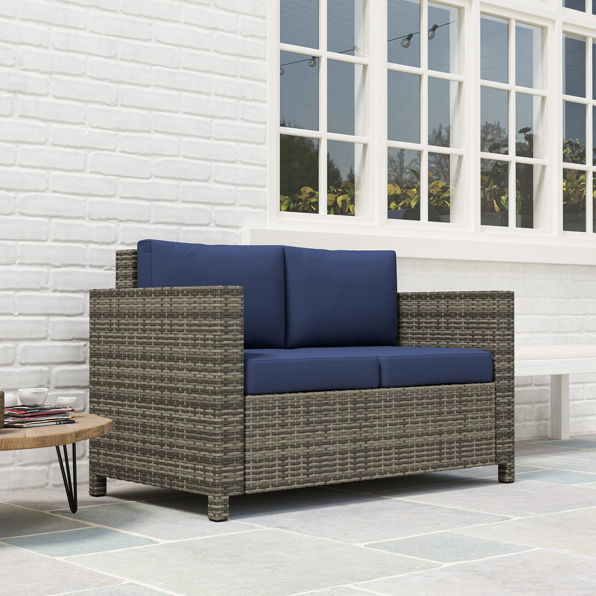Rattan Loveseat Sofa with Padded Cushion & Armrests for Garden, Patio, Navy Blue - Image 11
