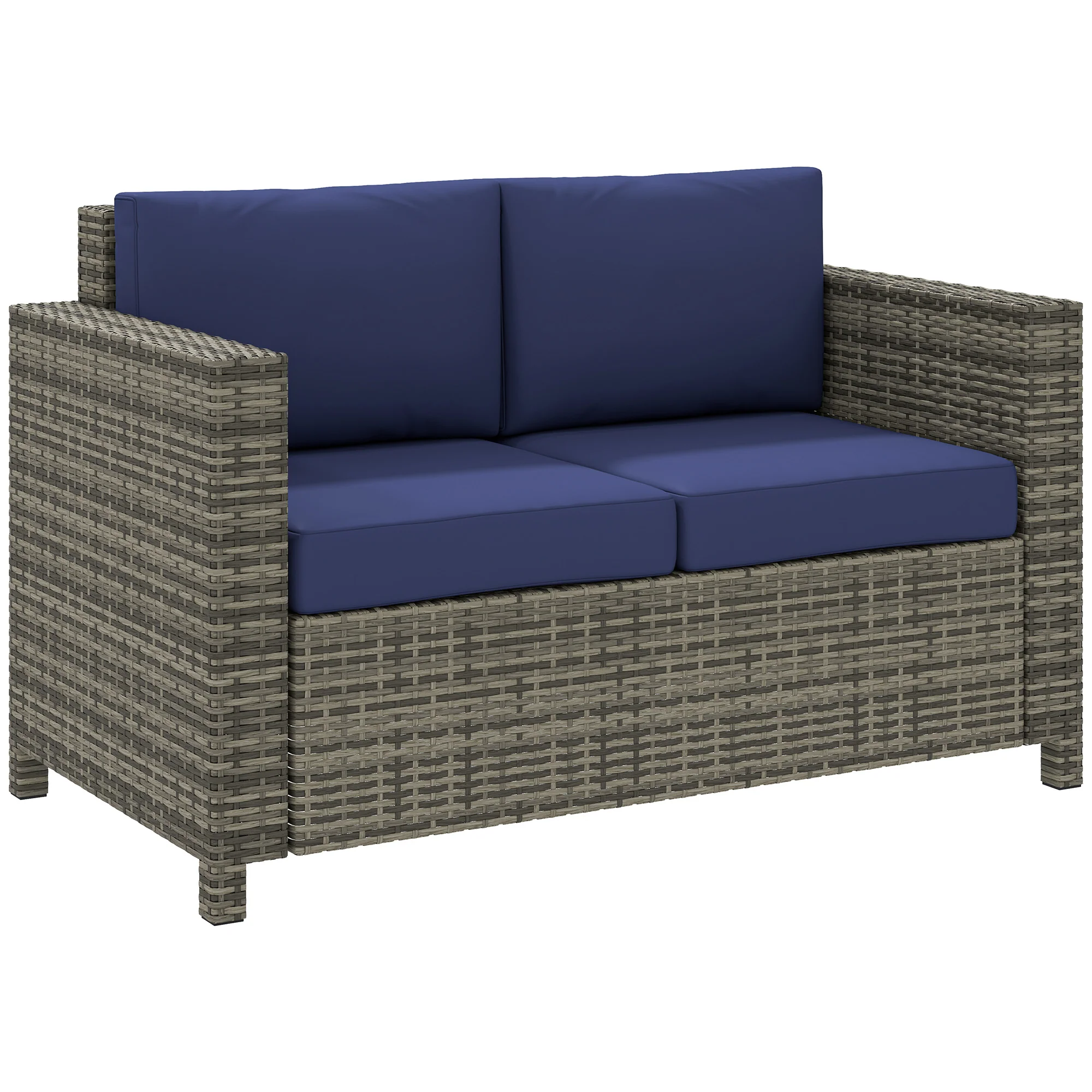 Rattan Loveseat Sofa with Padded Cushion & Armrests for Garden, Patio, Navy Blue - Image 12
