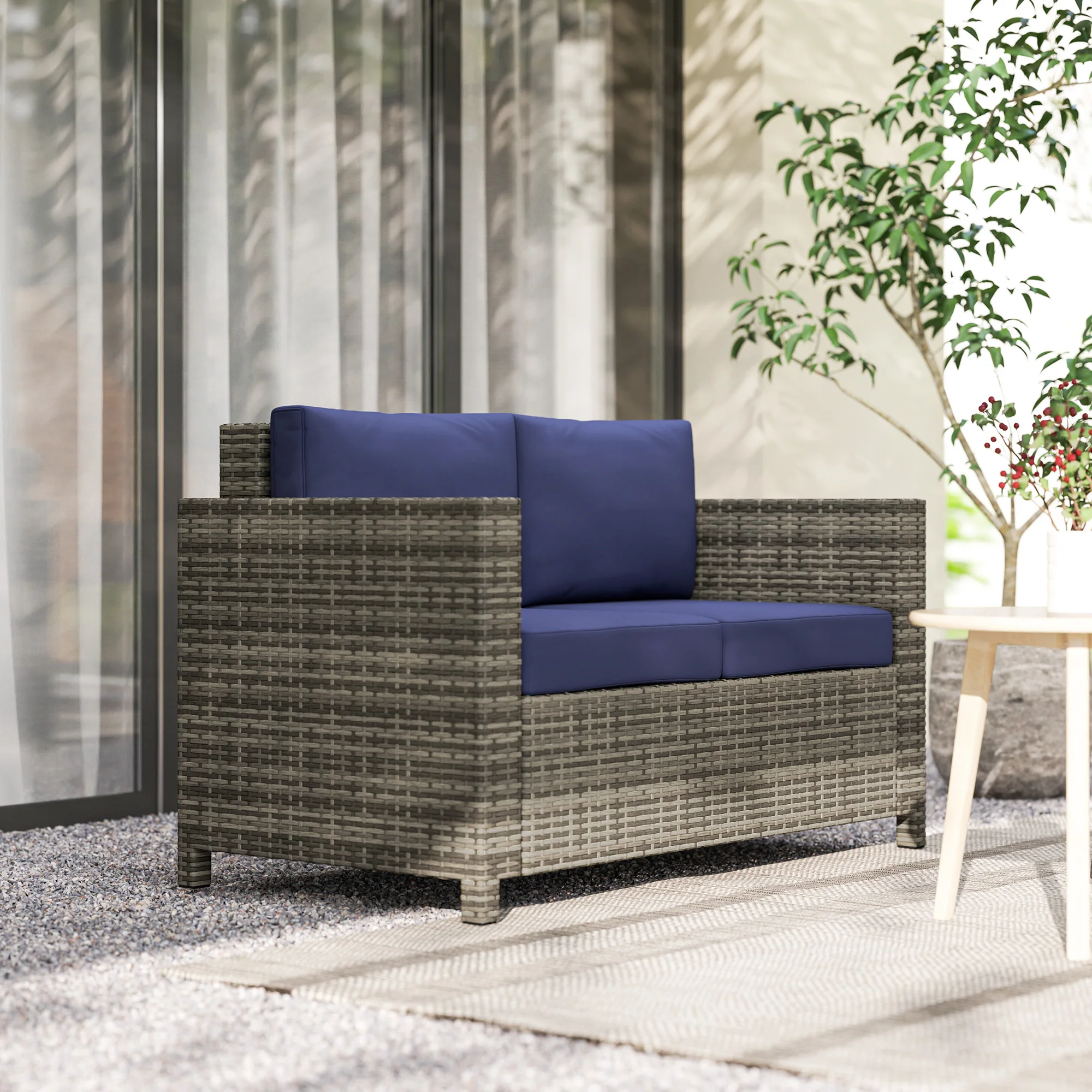 Rattan Loveseat Sofa with Padded Cushion & Armrests for Garden, Patio, Navy Blue - Image 3