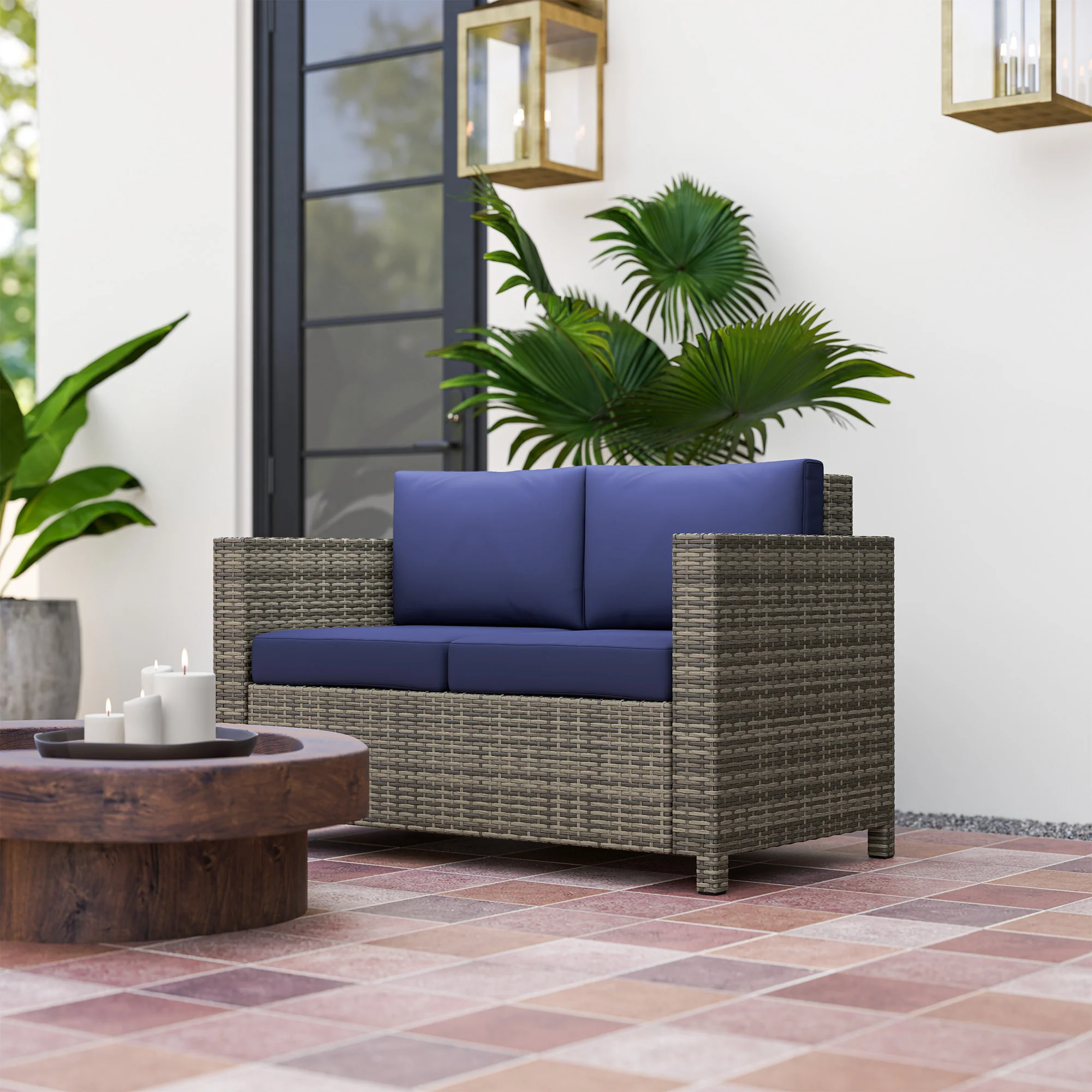 Rattan Loveseat Sofa with Padded Cushion & Armrests for Garden, Patio, Navy Blue - Image 4