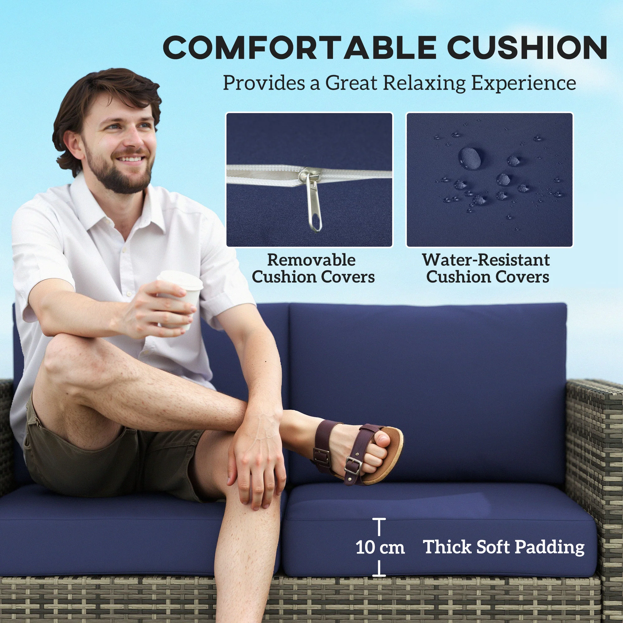 Rattan Loveseat Sofa with Padded Cushion & Armrests for Garden, Patio, Navy Blue - Image 7