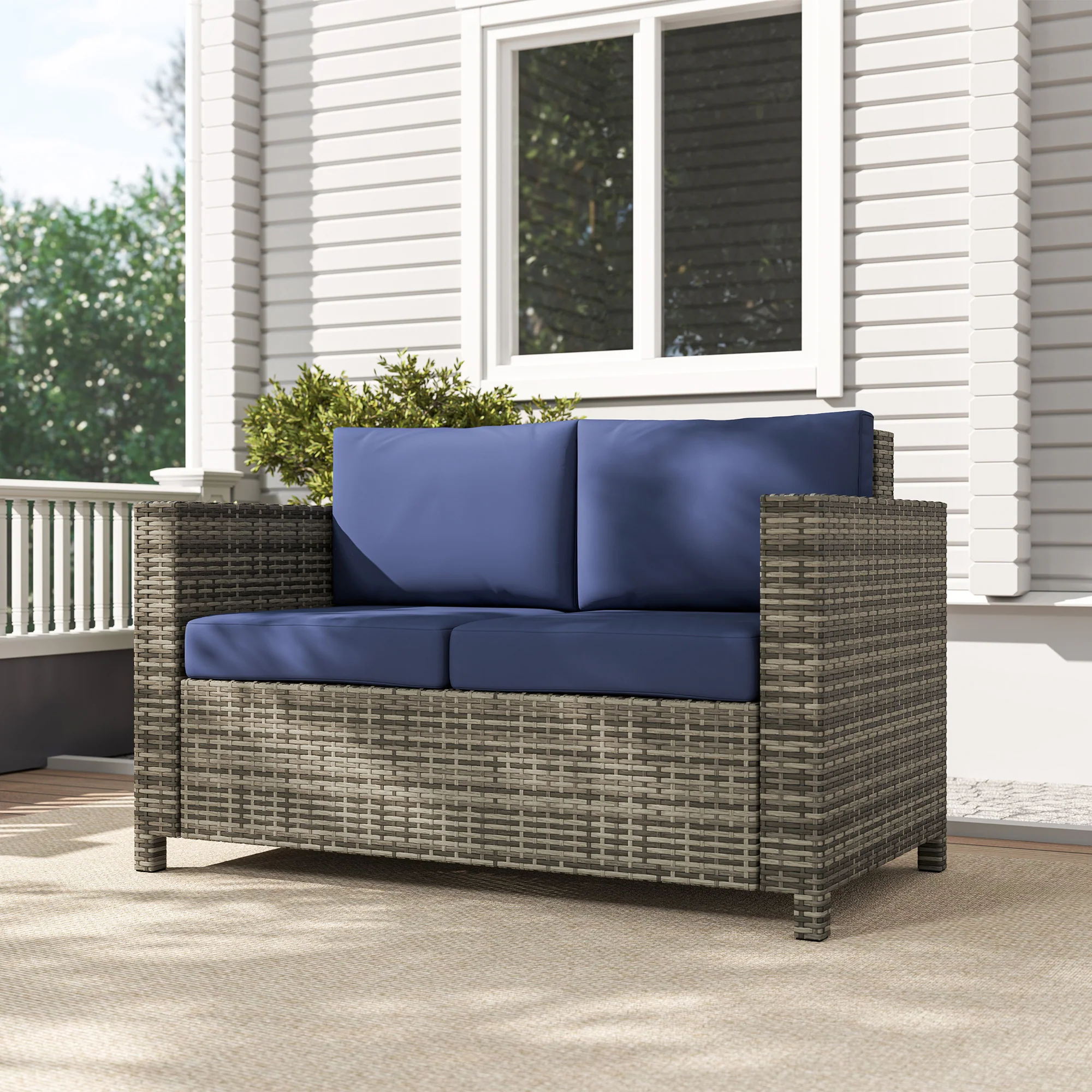 Rattan Loveseat Sofa with Padded Cushion & Armrests for Garden, Patio, Navy Blue - Image 9