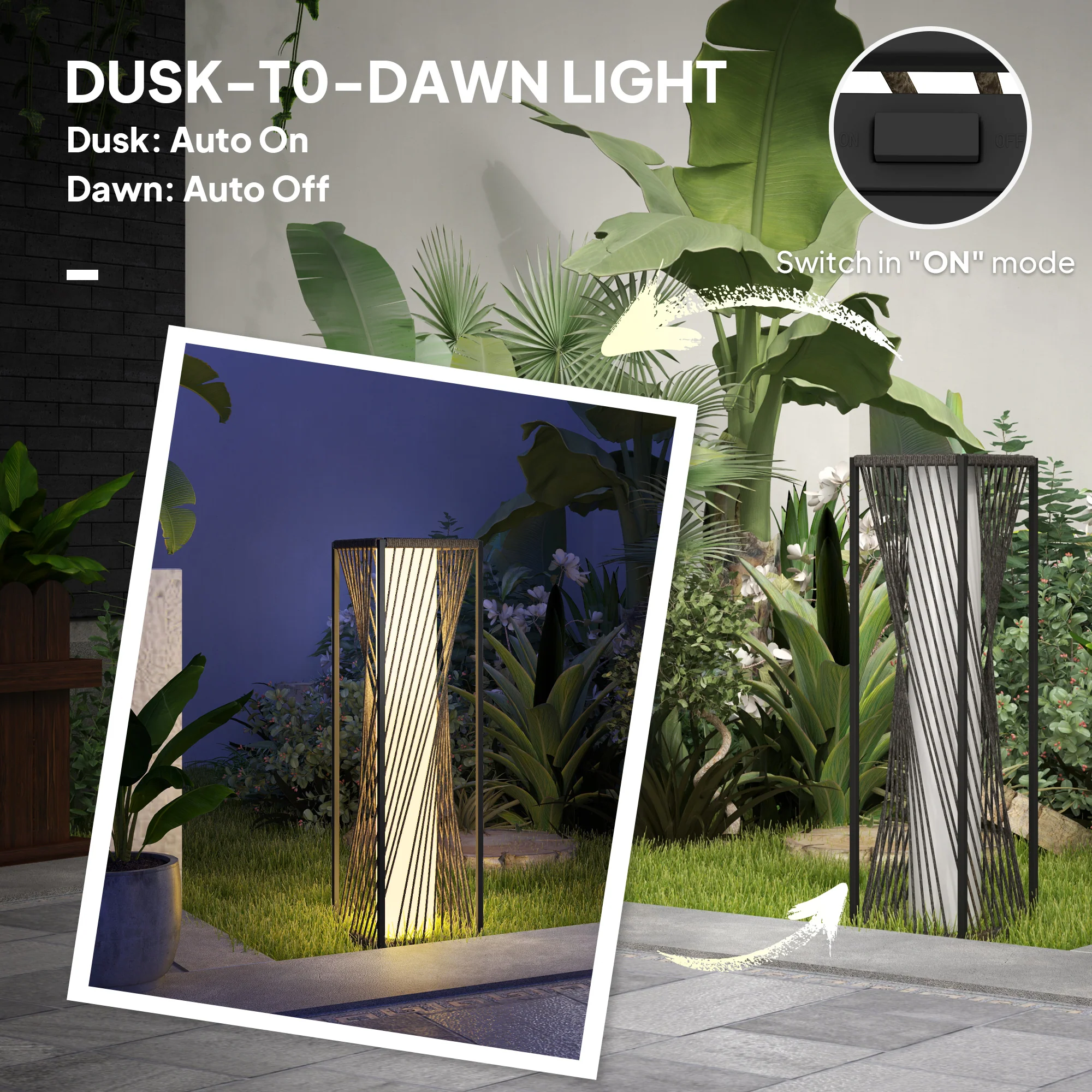 Rattan Solar Floor Lamp with Auto On/Off LED Lights, Grey - Image 7