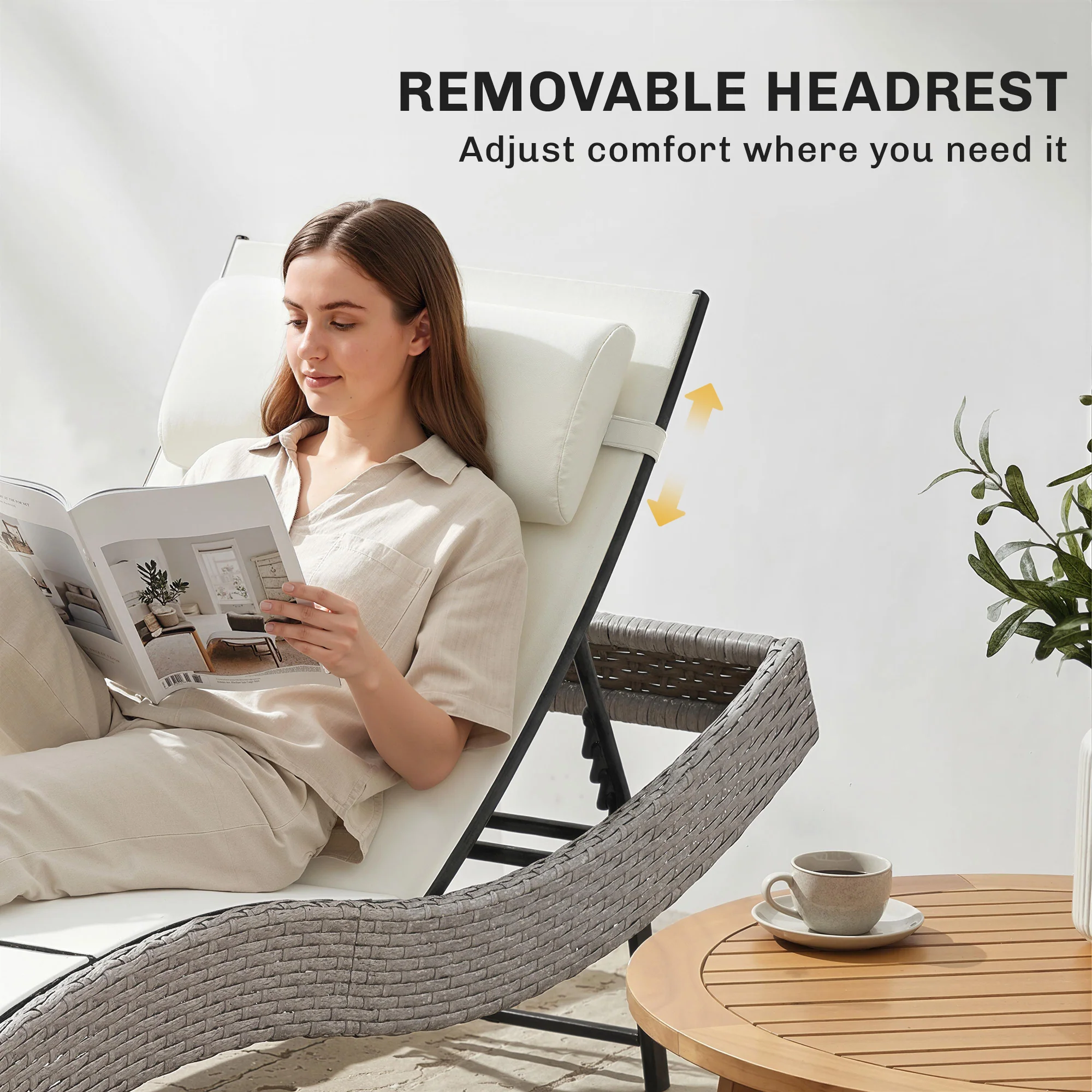 Rattan Sun Lounger with S-Shaped Seat and 5-Position Backrest, Cream White - Image 10