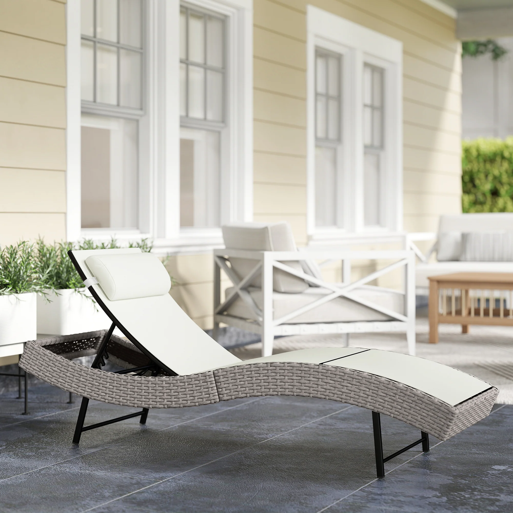 Rattan Sun Lounger with S-Shaped Seat and 5-Position Backrest, Cream White - Image 3