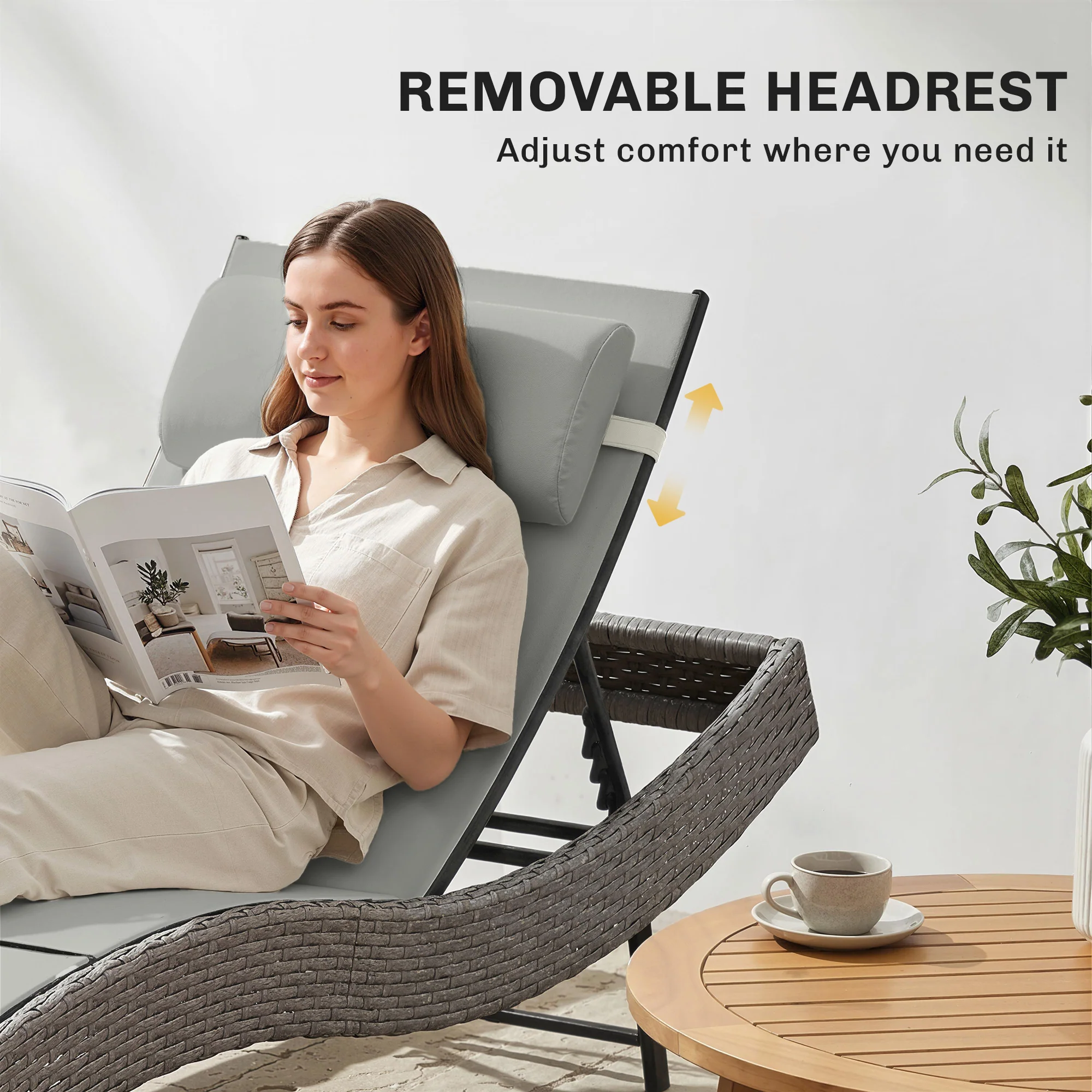 Rattan Sun Lounger with S-Shaped Seat and 5-Position Backrest, Light Grey - Image 10