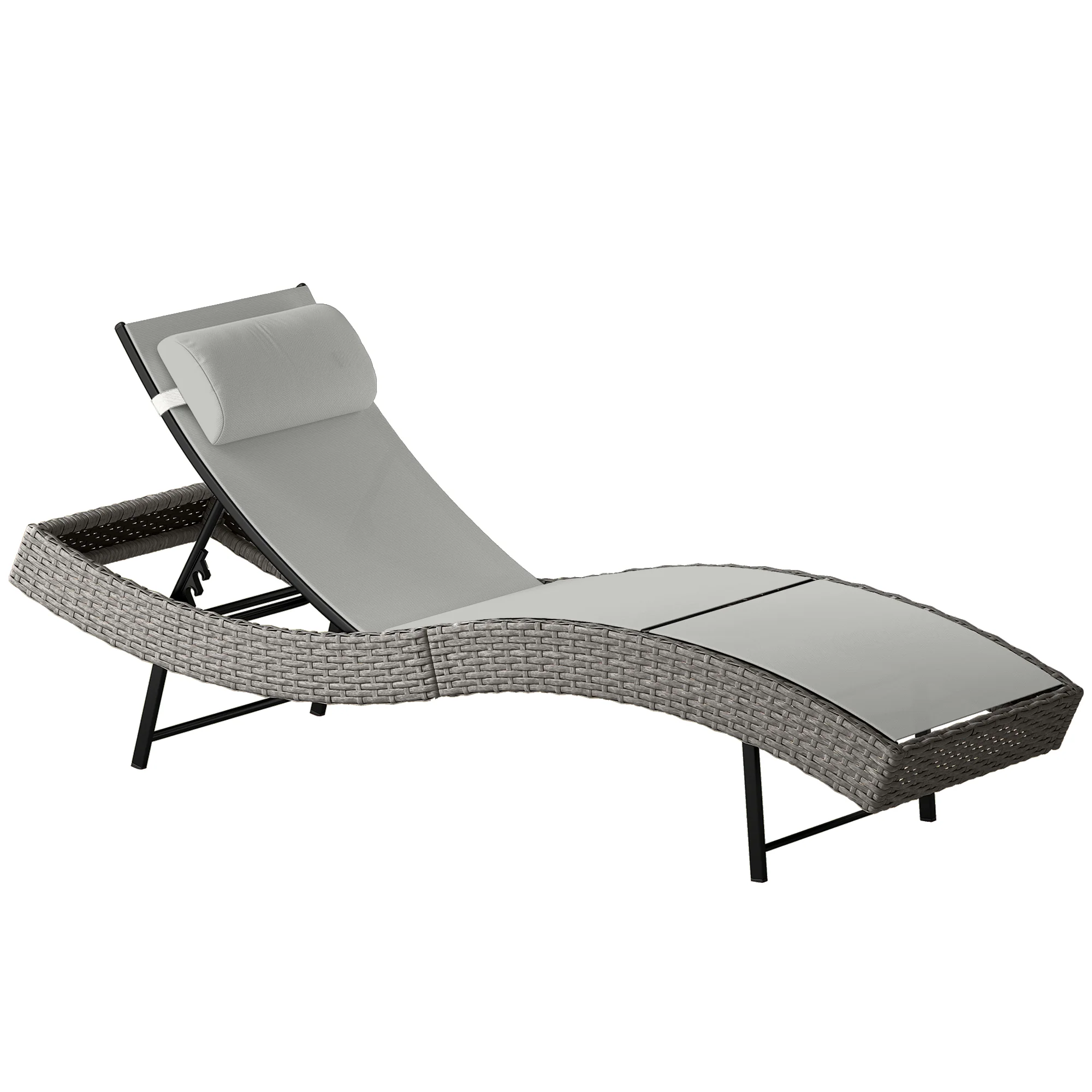 Rattan Sun Lounger with S-Shaped Seat and 5-Position Backrest, Light Grey - Image 12