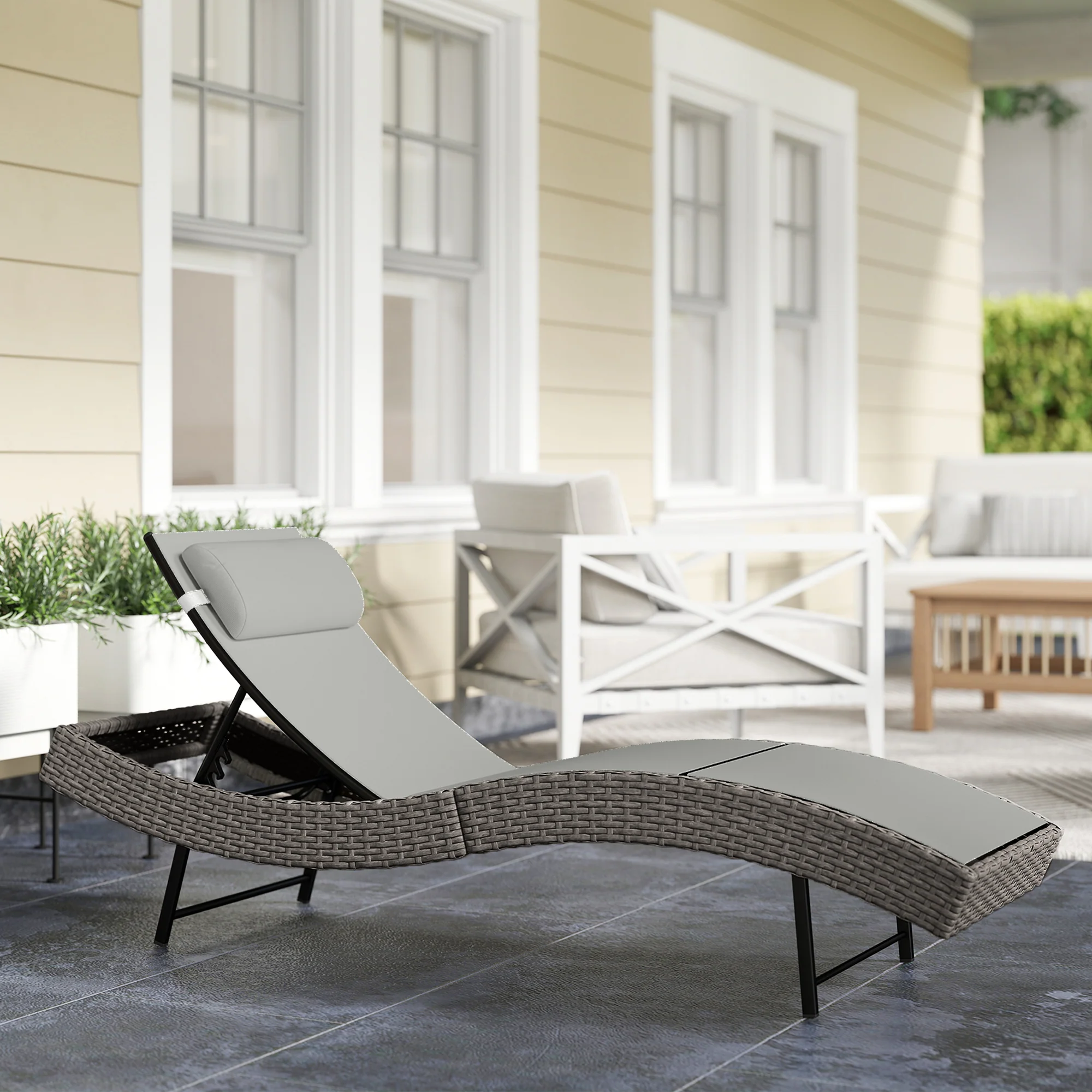 Rattan Sun Lounger with S-Shaped Seat and 5-Position Backrest, Light Grey - Image 3