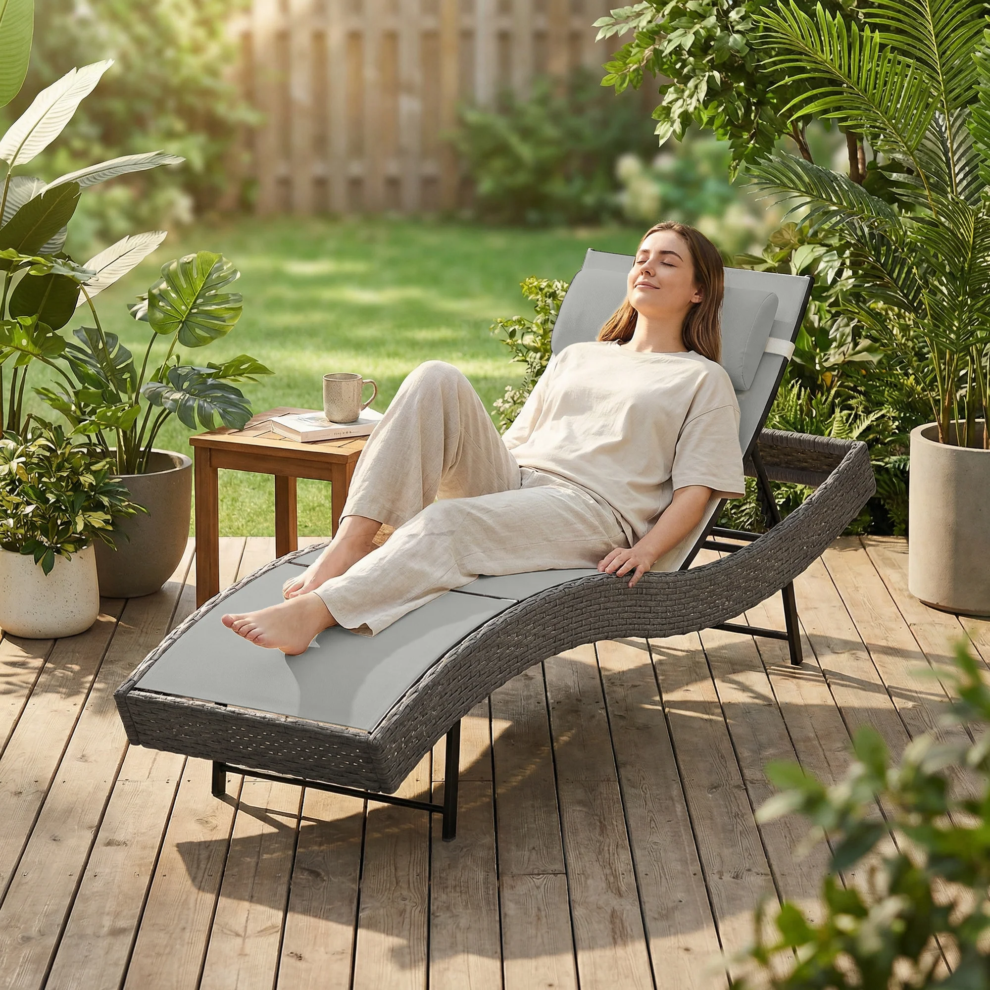 Rattan Sun Lounger with S-Shaped Seat and 5-Position Backrest, Light Grey - Image 4
