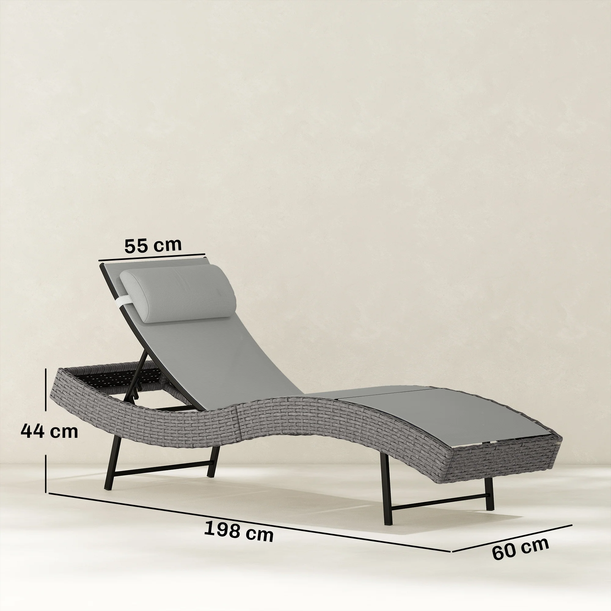 Rattan Sun Lounger with S-Shaped Seat and 5-Position Backrest, Light Grey - Image 5