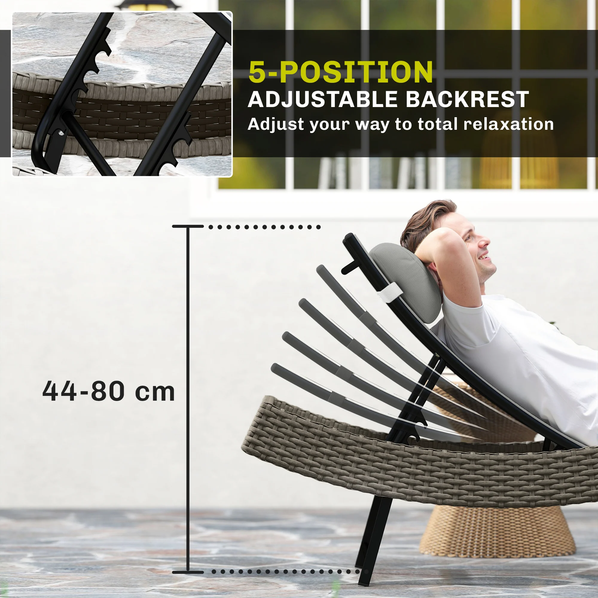 Rattan Sun Lounger with S-Shaped Seat and 5-Position Backrest, Light Grey - Image 7