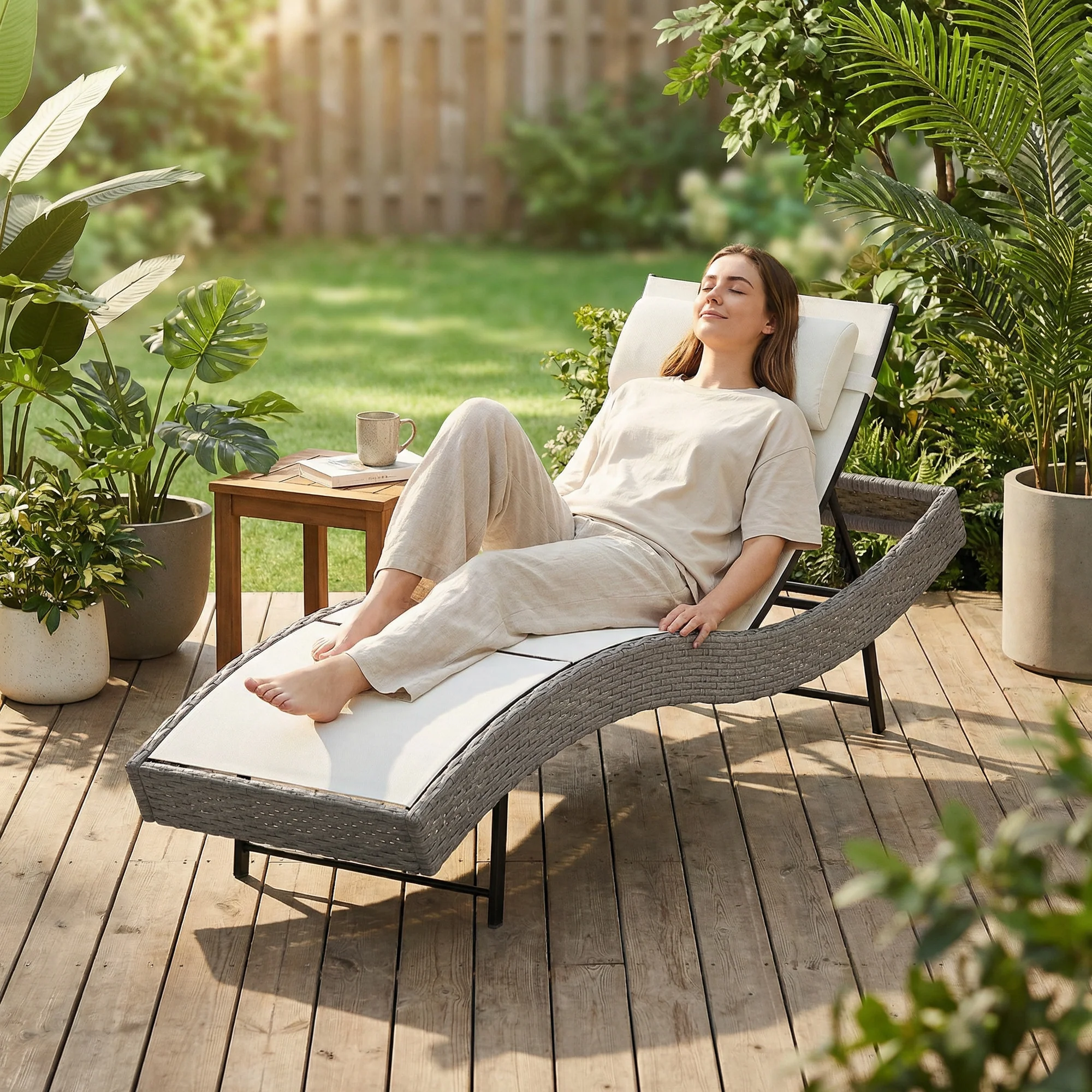 Rattan Sun Lounger with S-Shaped Seat and 5-Position Backrest, Cream White - Image 4