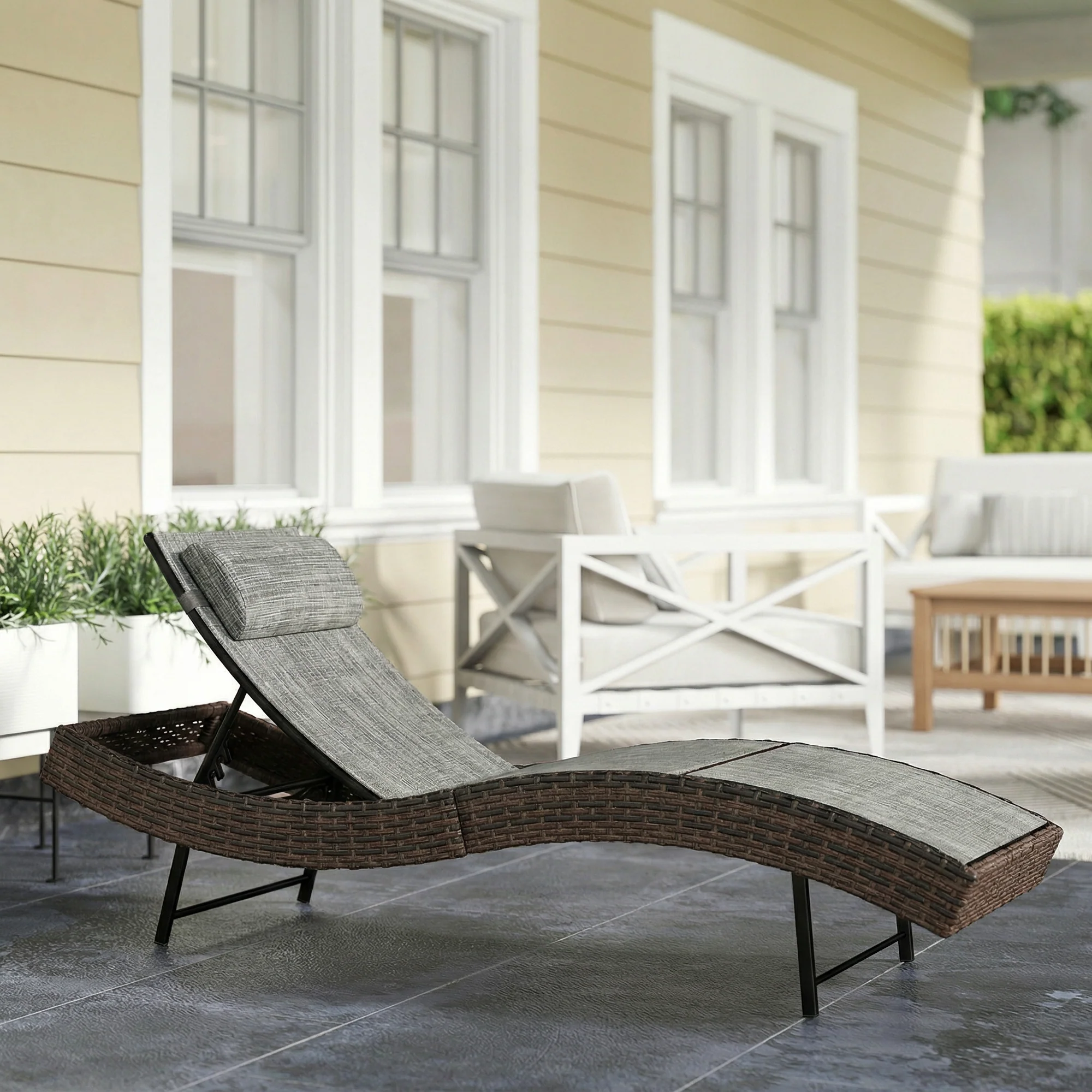 Rattan Sun Lounger with S-Shaped Seat and 5-Position Backrest, Brown - Image 3