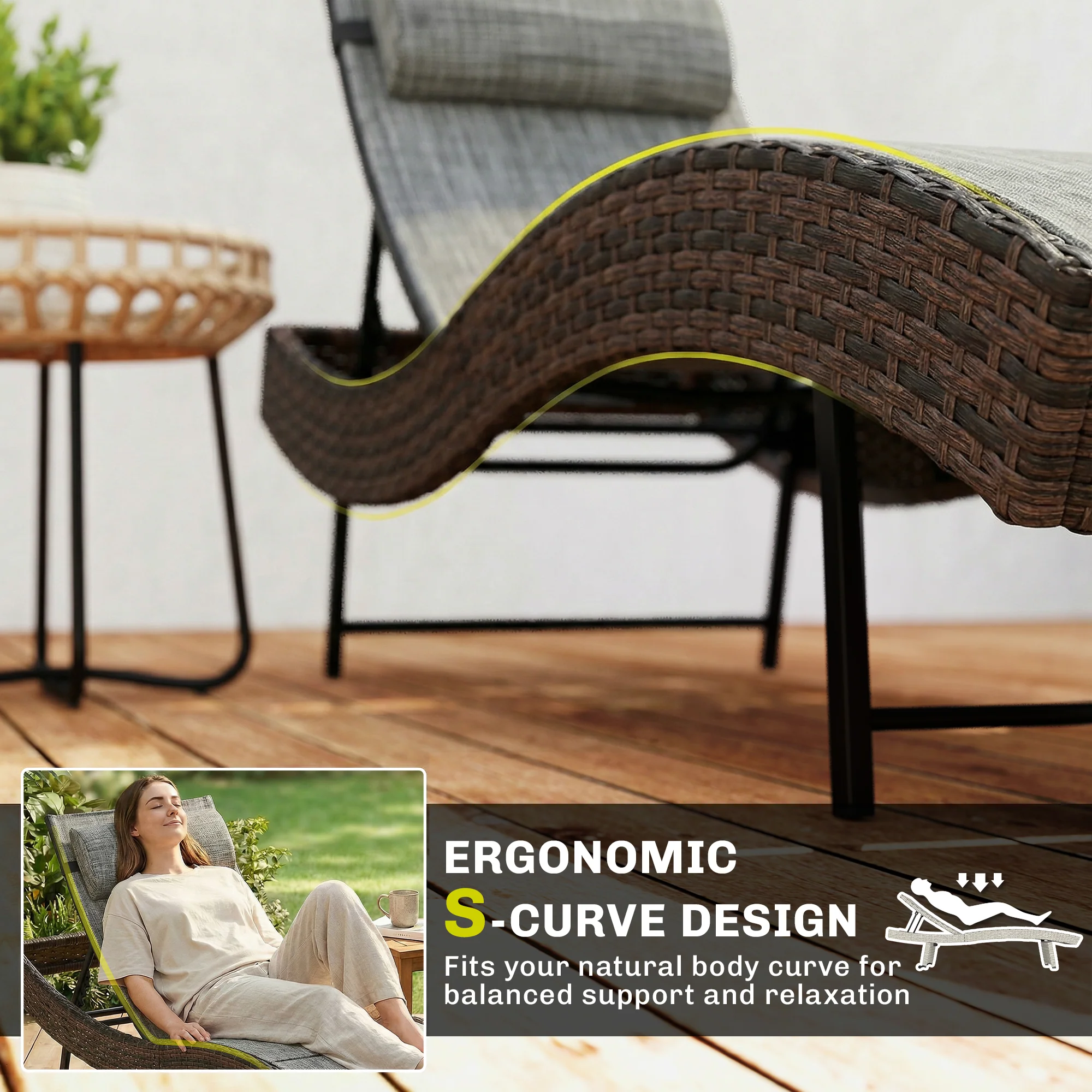 Rattan Sun Lounger with S-Shaped Seat and 5-Position Backrest, Brown - Image 6