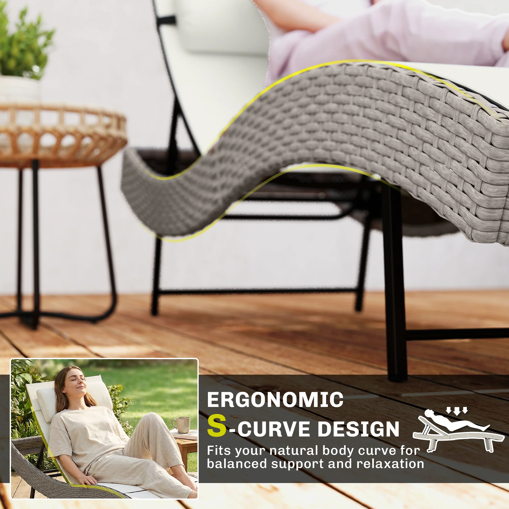 Rattan Sun Lounger with S-Shaped Seat and 5-Position Backrest, Cream White - Image 6