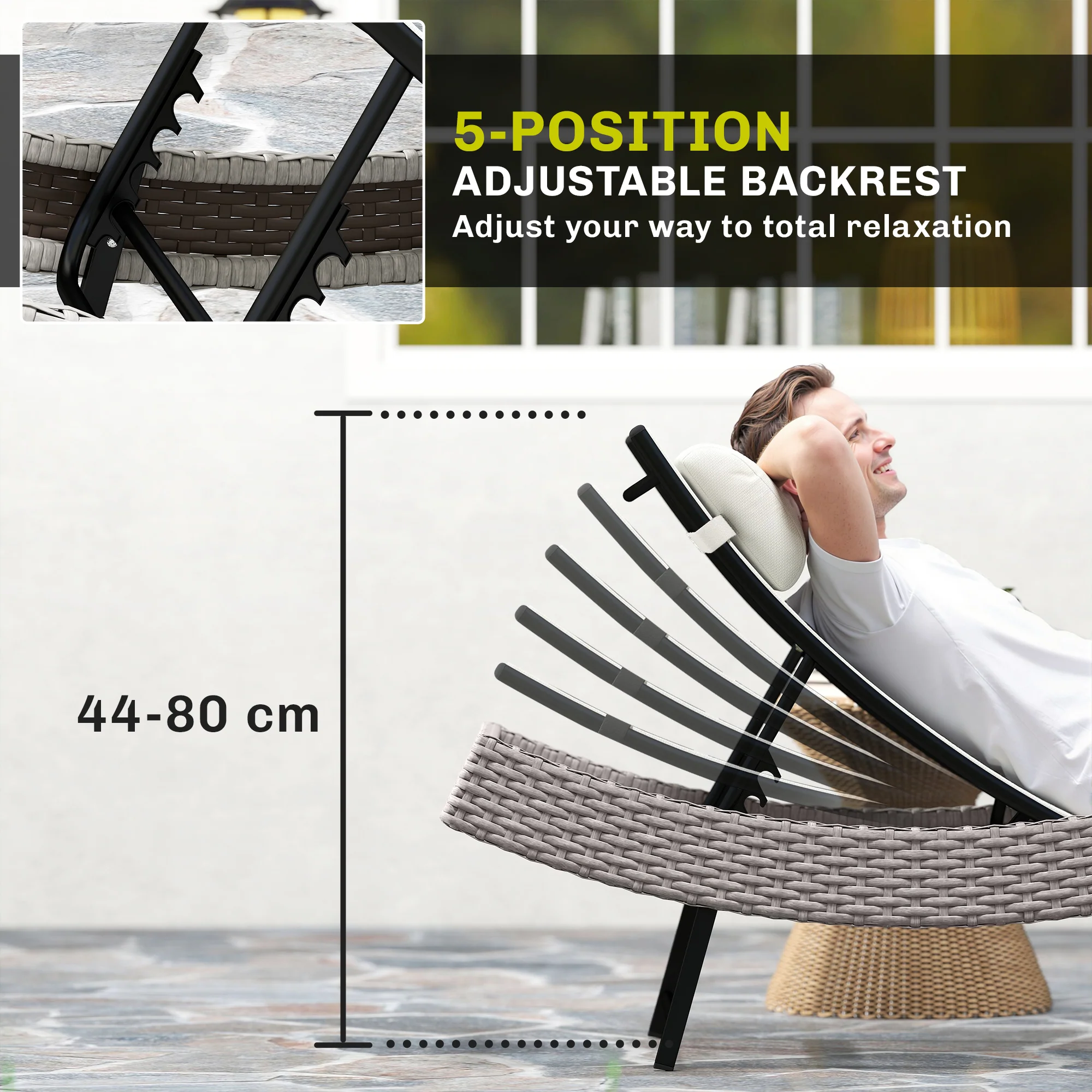 Rattan Sun Lounger with S-Shaped Seat and 5-Position Backrest, Cream White - Image 7